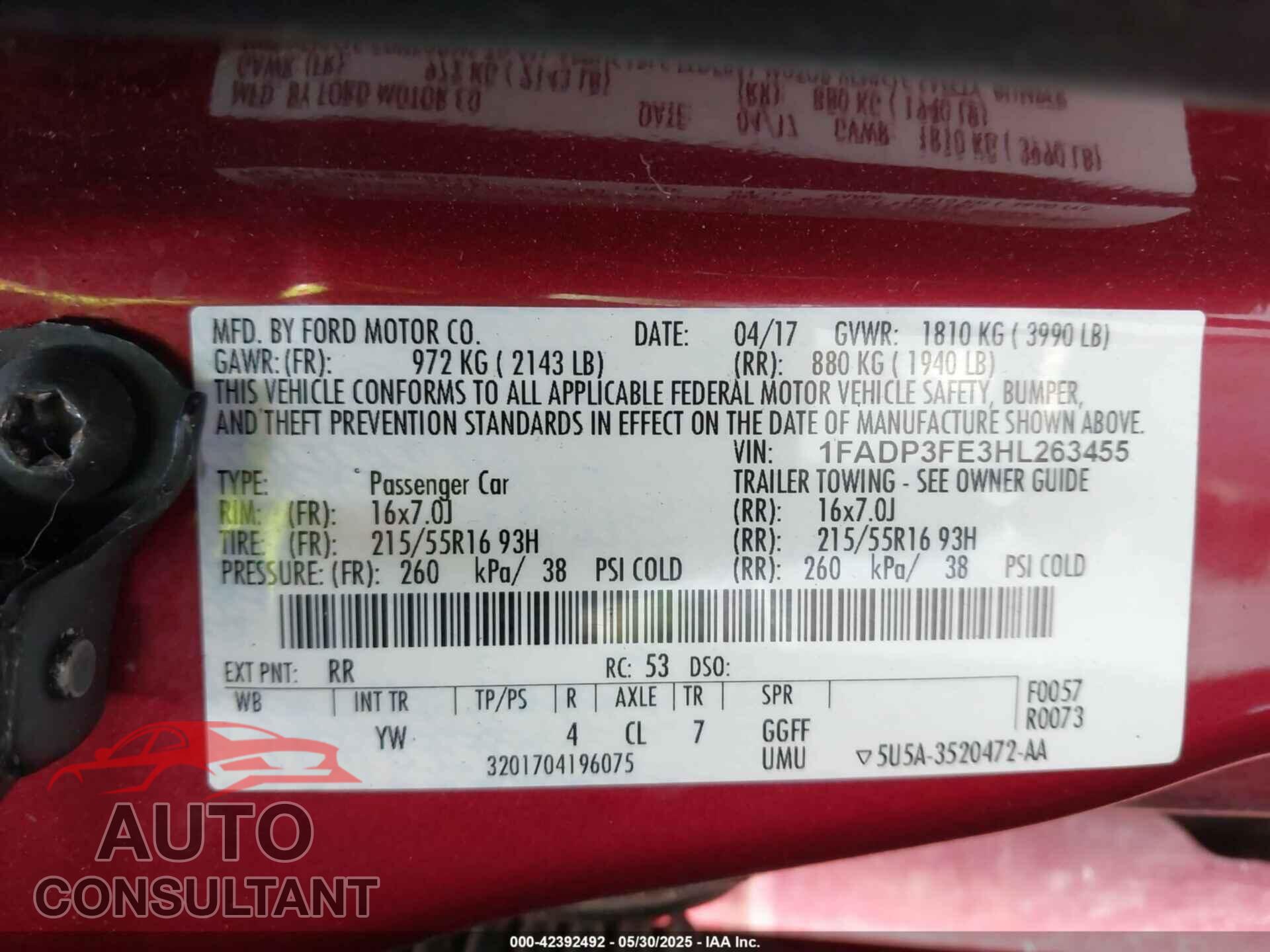 FORD FOCUS 2017 - 1FADP3FE3HL263455