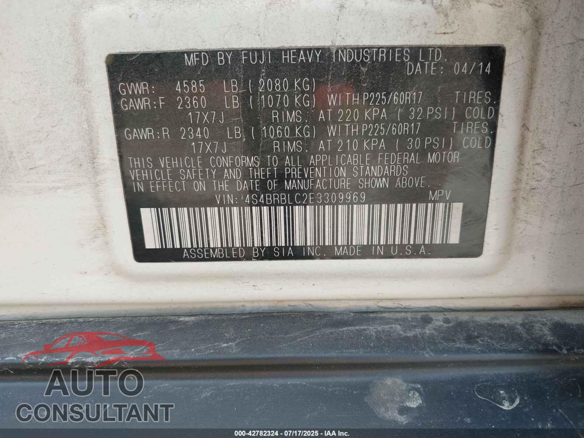 SUBARU OUTBACK 2014 - 4S4BRBLC2E3309969
