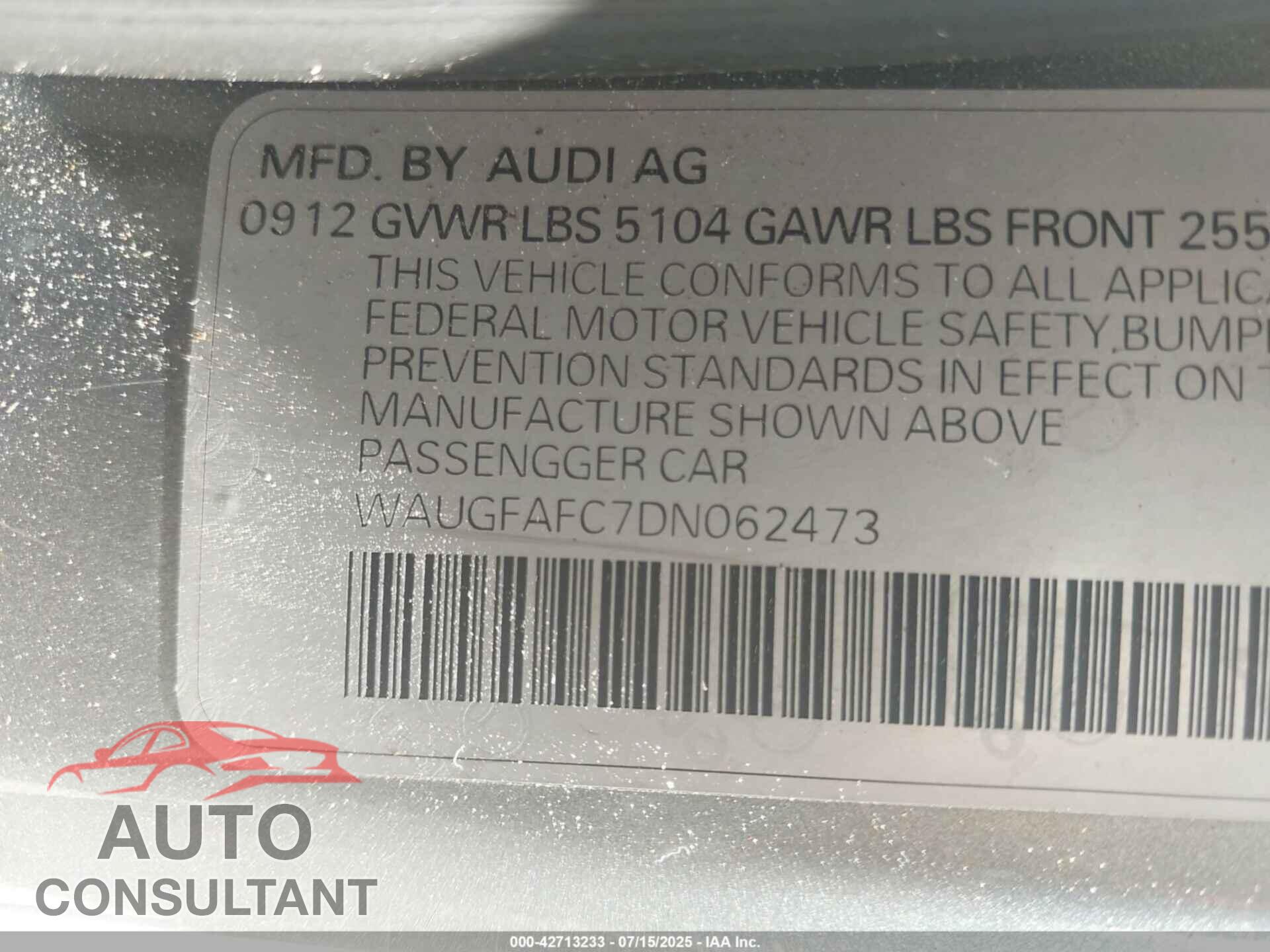 AUDI A6 2013 - WAUGFAFC7DN062473
