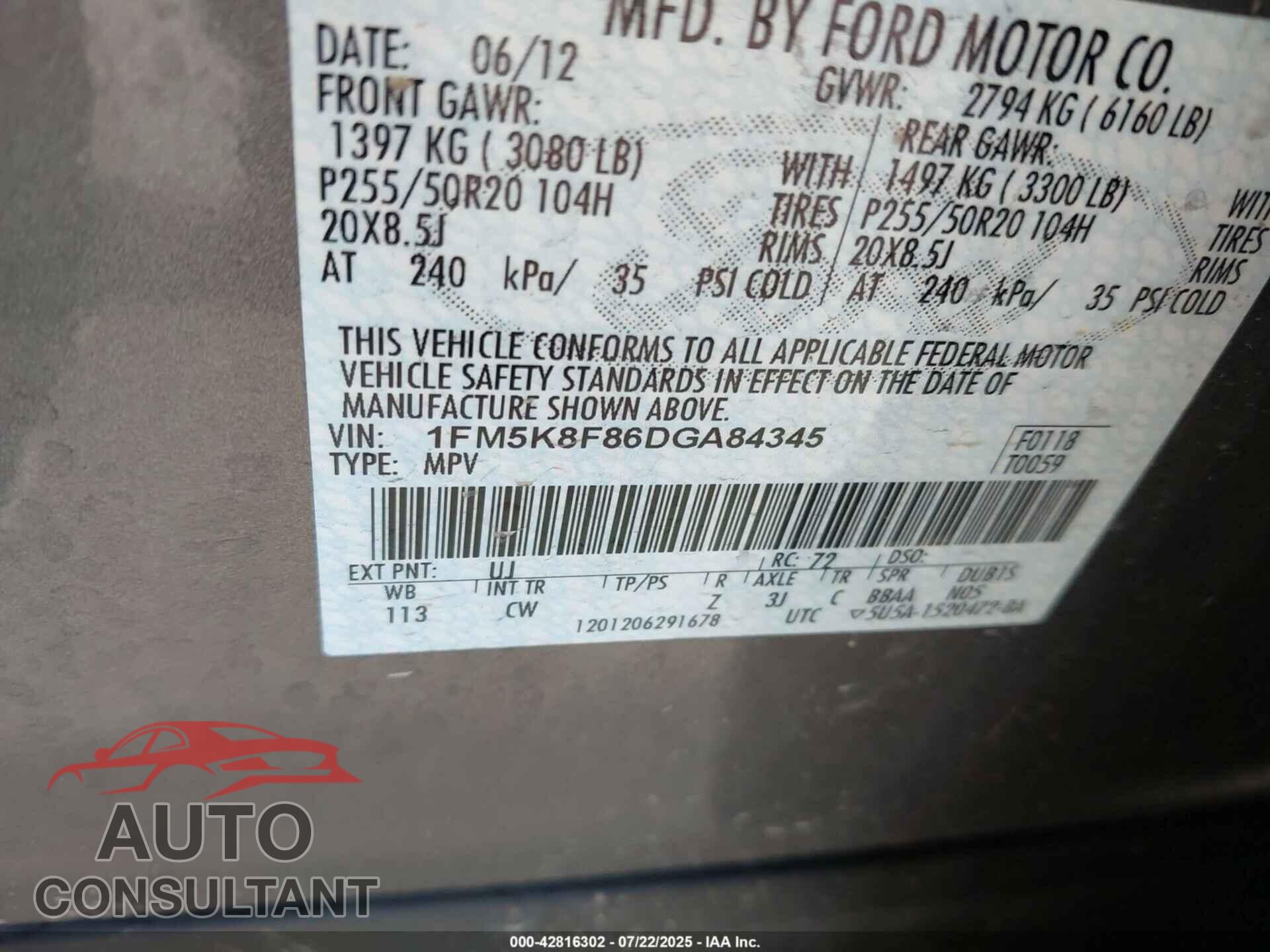 FORD EXPLORER 2013 - 1FM5K8F86DGA84345