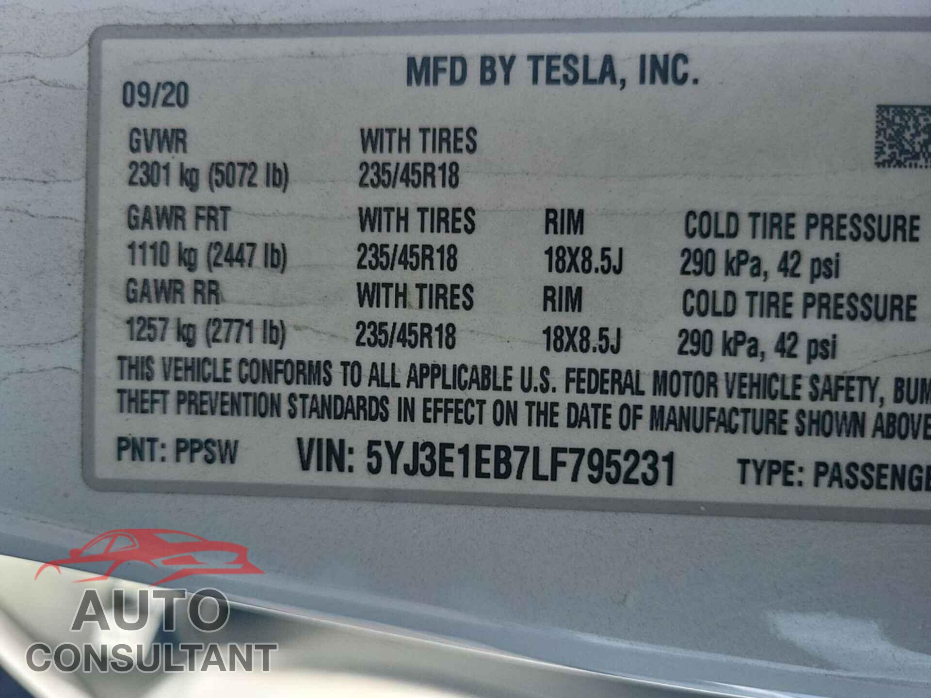 TESLA MODEL 3 2020 - 5YJ3E1EB7LF795231