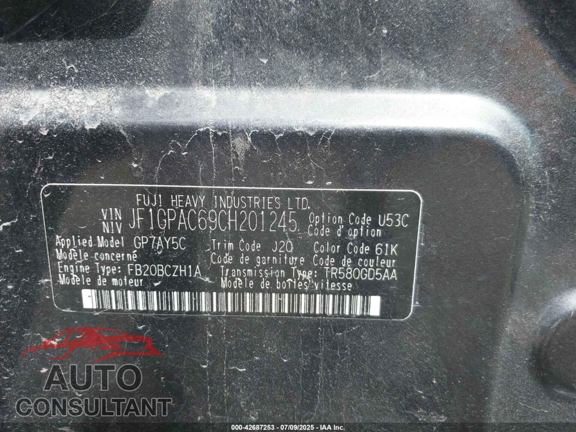 SUBARU IMPREZA 2012 - JF1GPAC69CH201245