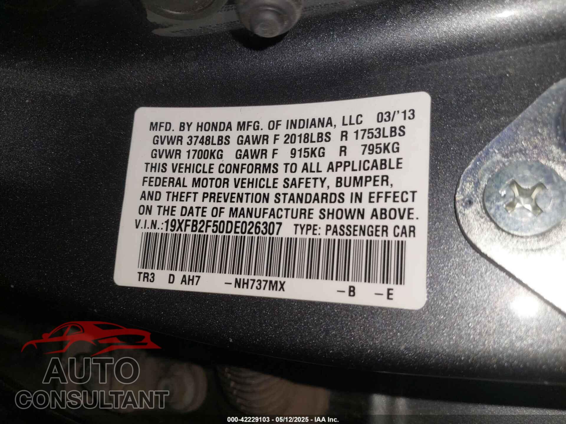 HONDA CIVIC 2013 - 19XFB2F50DE026307