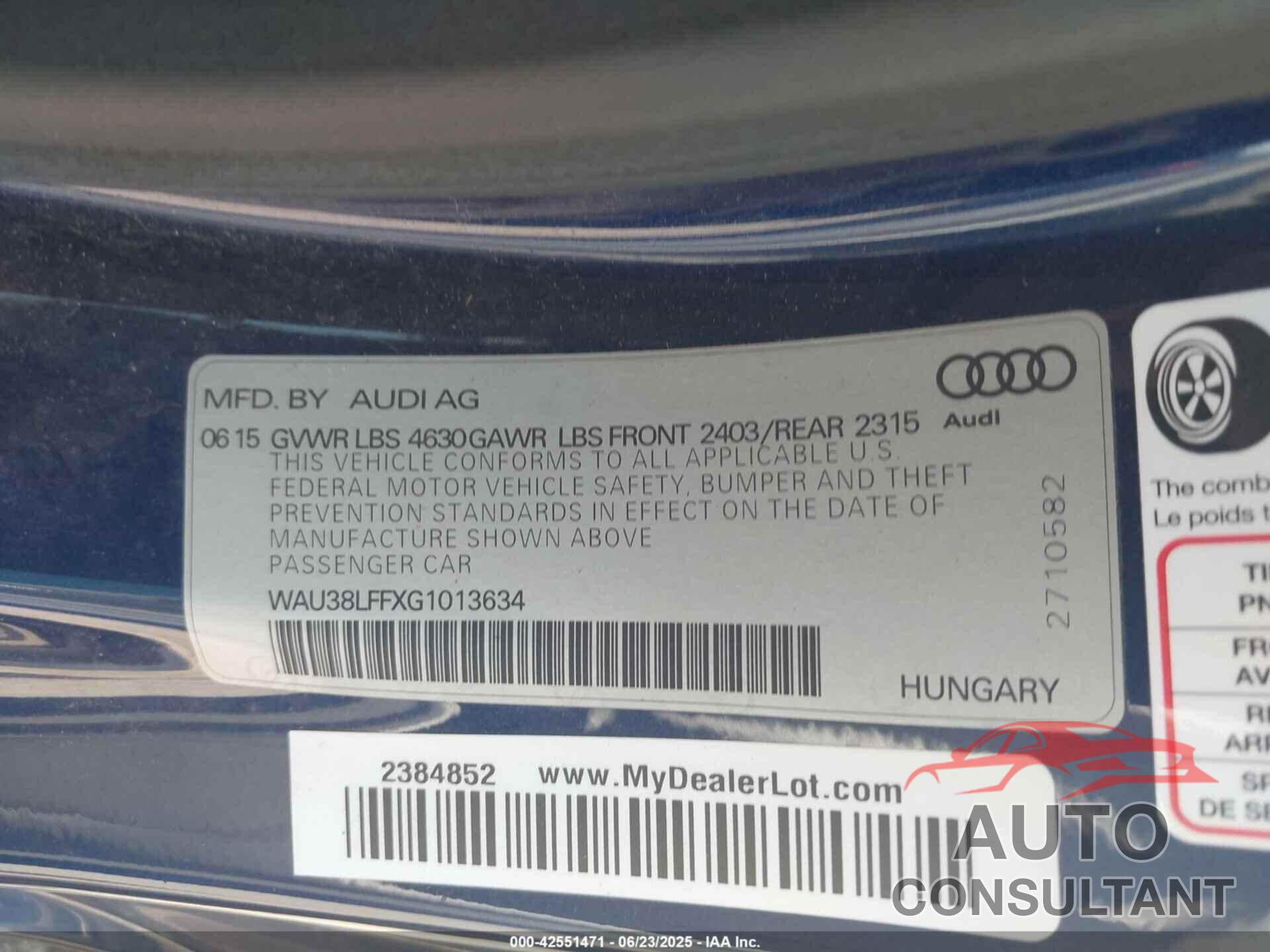 AUDI A3 2016 - WAU38LFFXG1013634