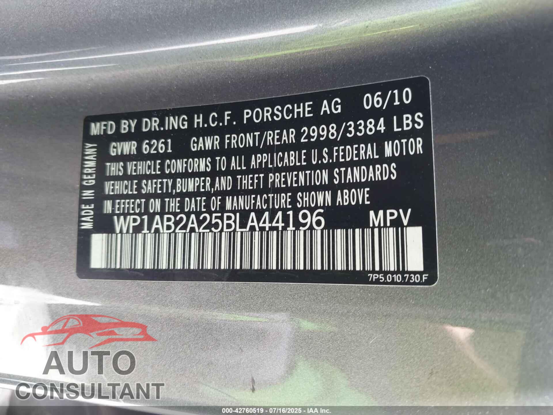 PORSCHE CAYENNE 2011 - WP1AB2A25BLA44196