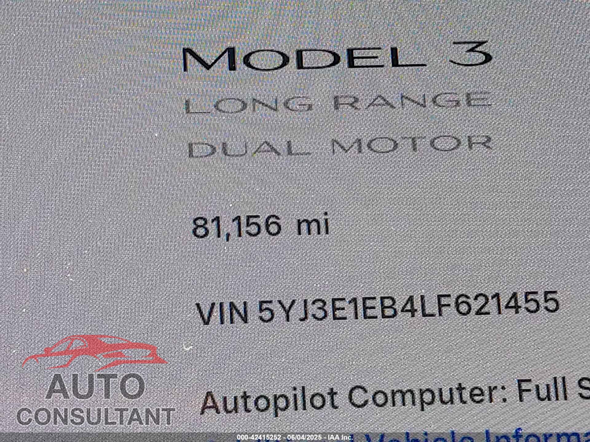 TESLA MODEL 3 2020 - 5YJ3E1EB4LF621455