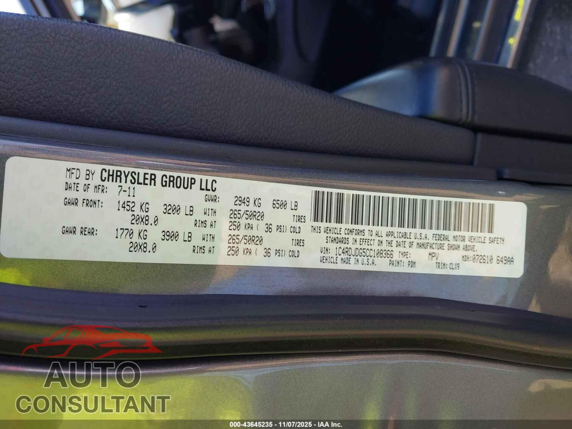 DODGE DURANGO 2012 - 1C4RDJDG5CC108366