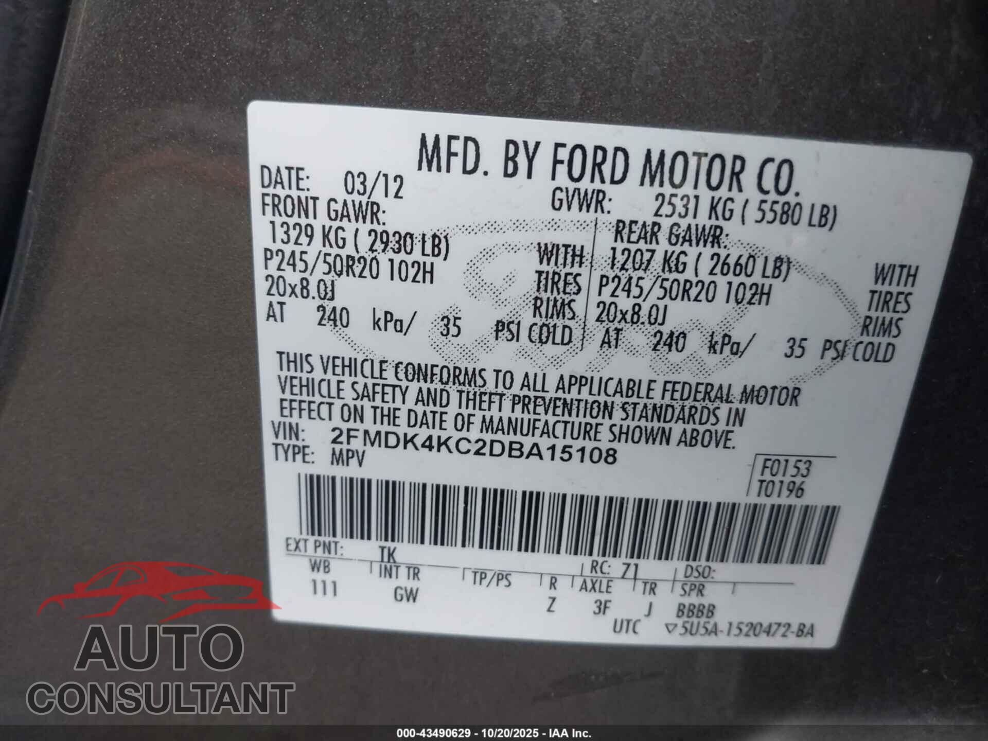 FORD EDGE 2013 - 2FMDK4KC2DBA15108