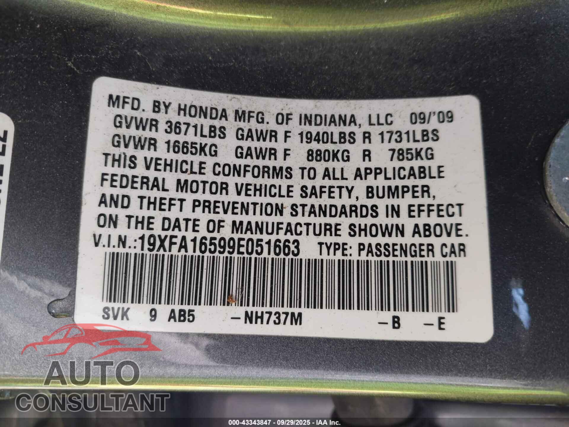 HONDA CIVIC 2009 - 19XFA16599E051663