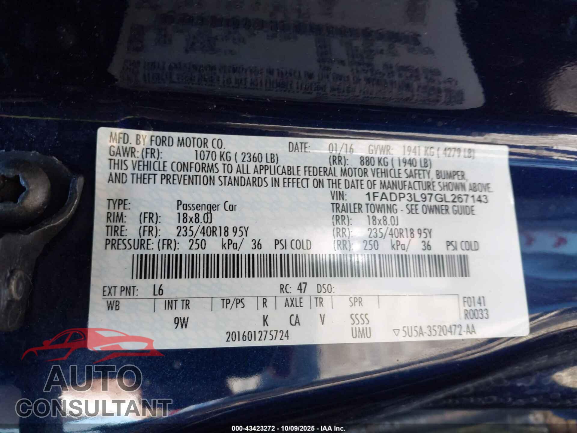 FORD FOCUS ST 2016 - 1FADP3L97GL267143