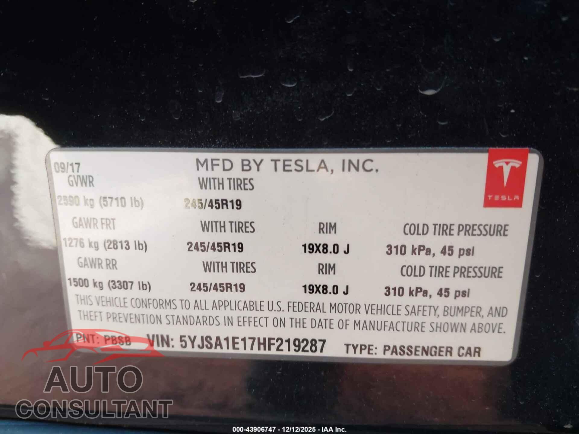 TESLA MODEL S 2017 - 5YJSA1E17HF219287