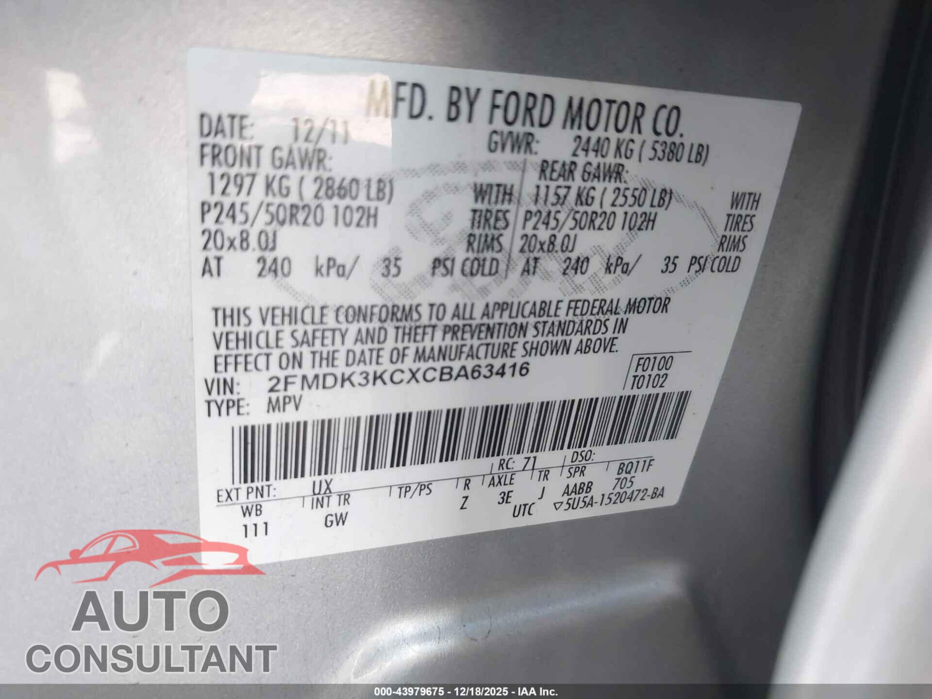 FORD EDGE 2012 - 2FMDK3KCXCBA63416