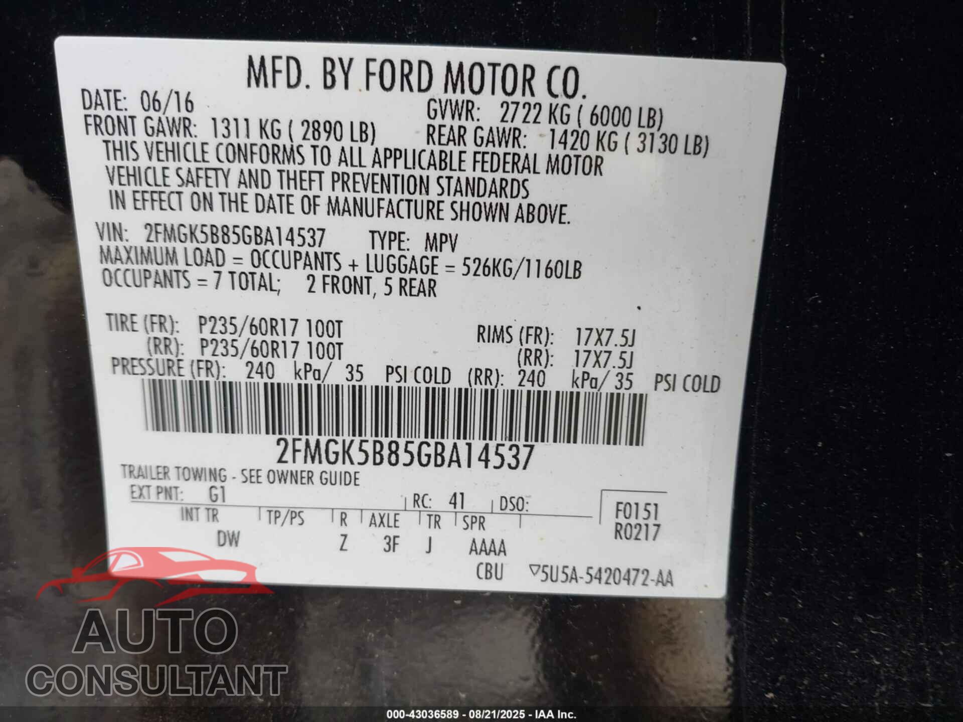 FORD FLEX 2016 - 2FMGK5B85GBA14537