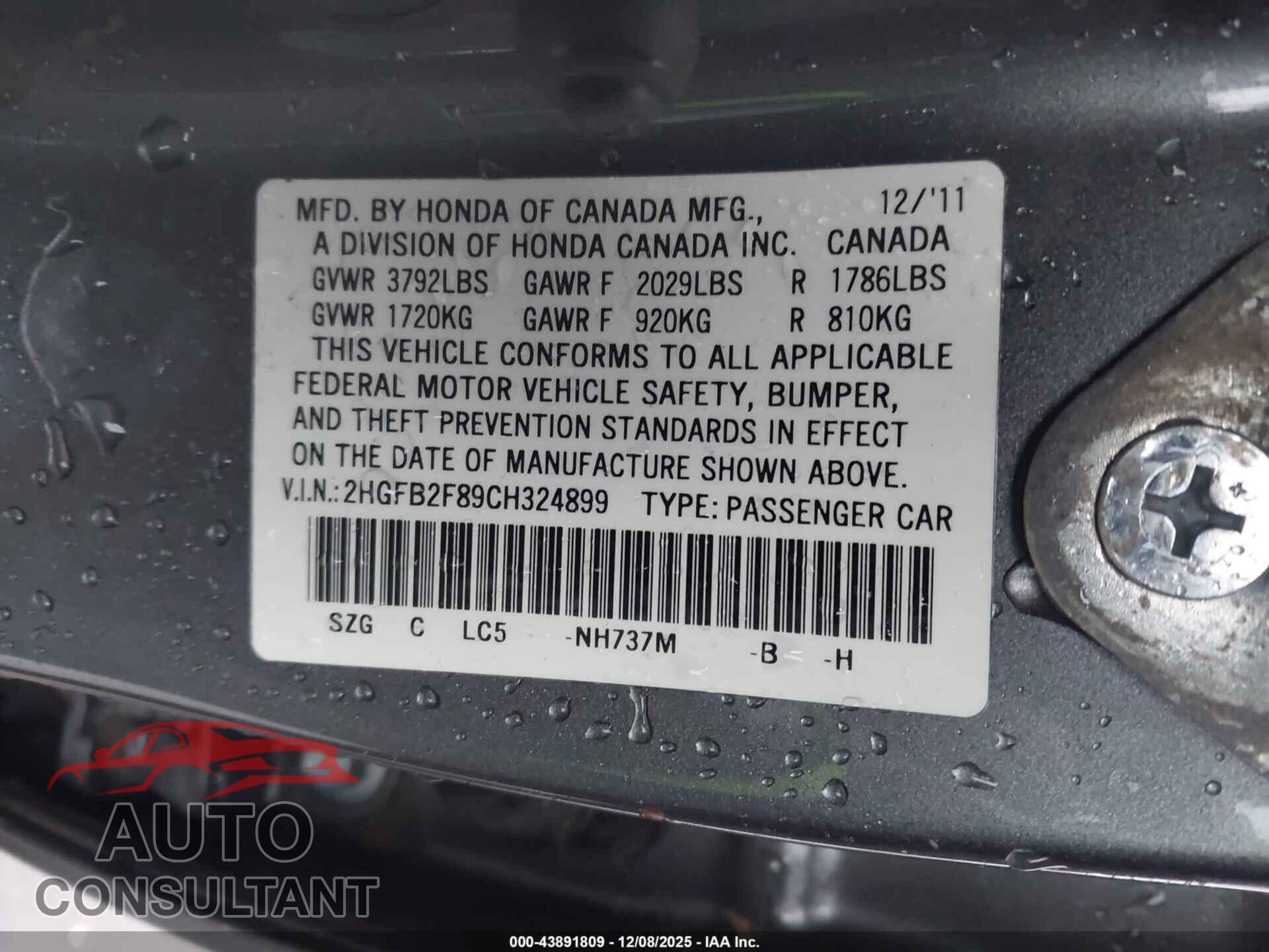 HONDA CIVIC 2012 - 2HGFB2F89CH324899
