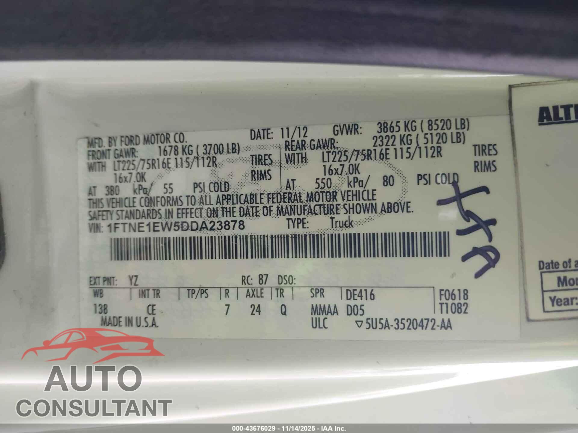 FORD E-150 2013 - 1FTNE1EW5DDA23878