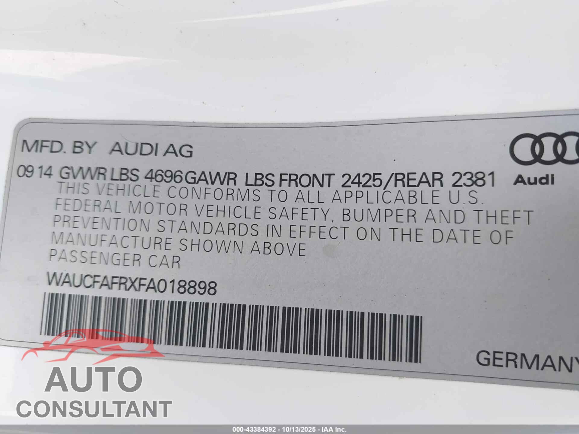 AUDI A5 2015 - WAUCFAFRXFA018898
