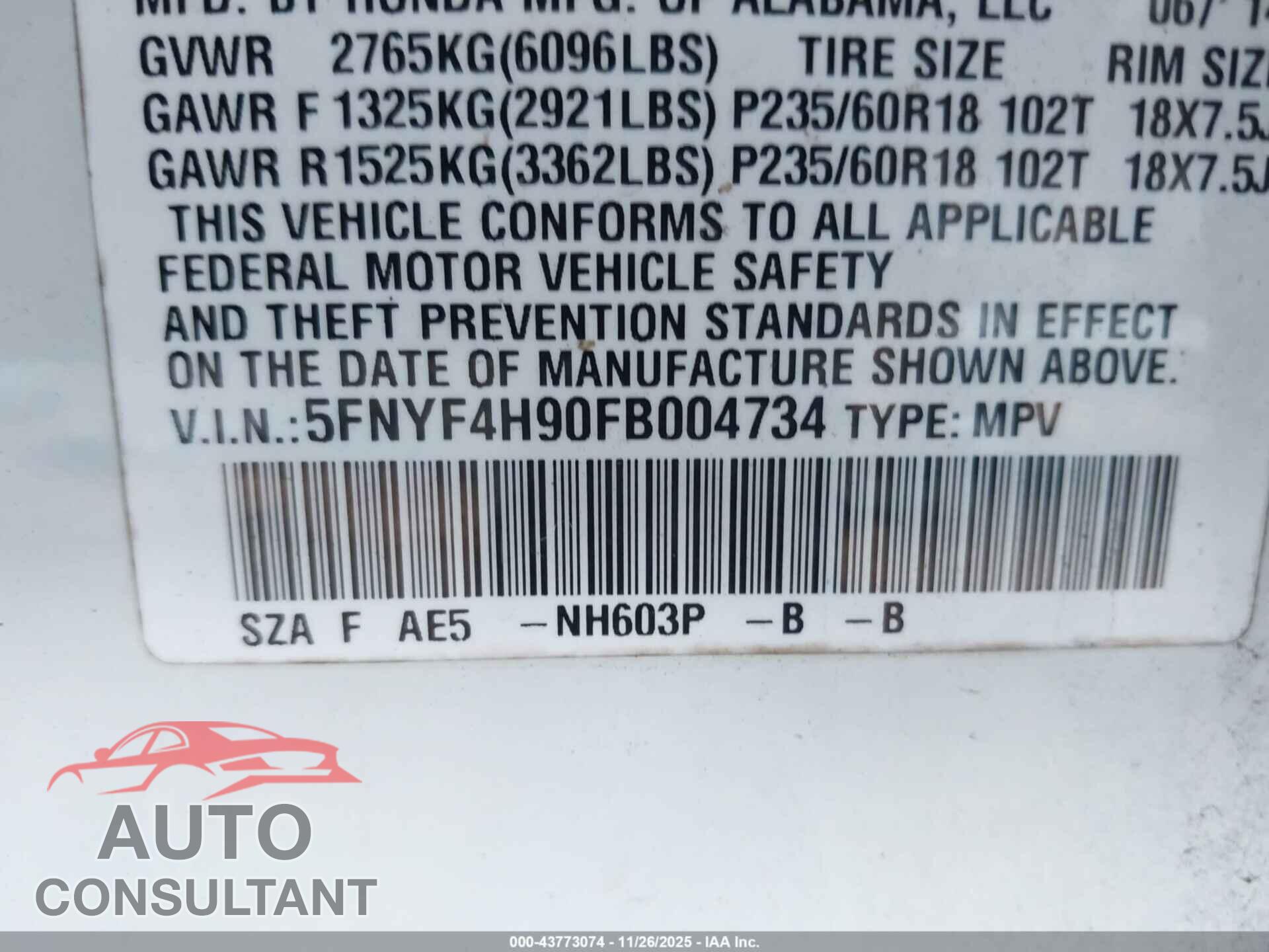 HONDA PILOT 2015 - 5FNYF4H90FB004734