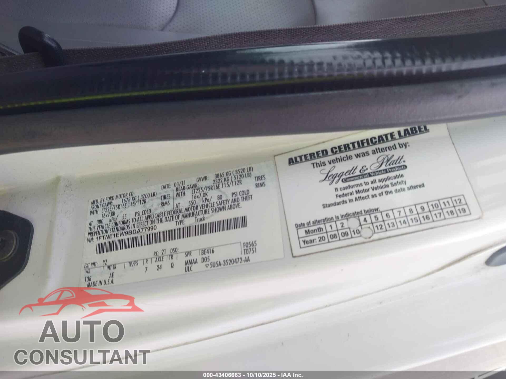 FORD E-150 2011 - 1FTNE1EW9BDA77990