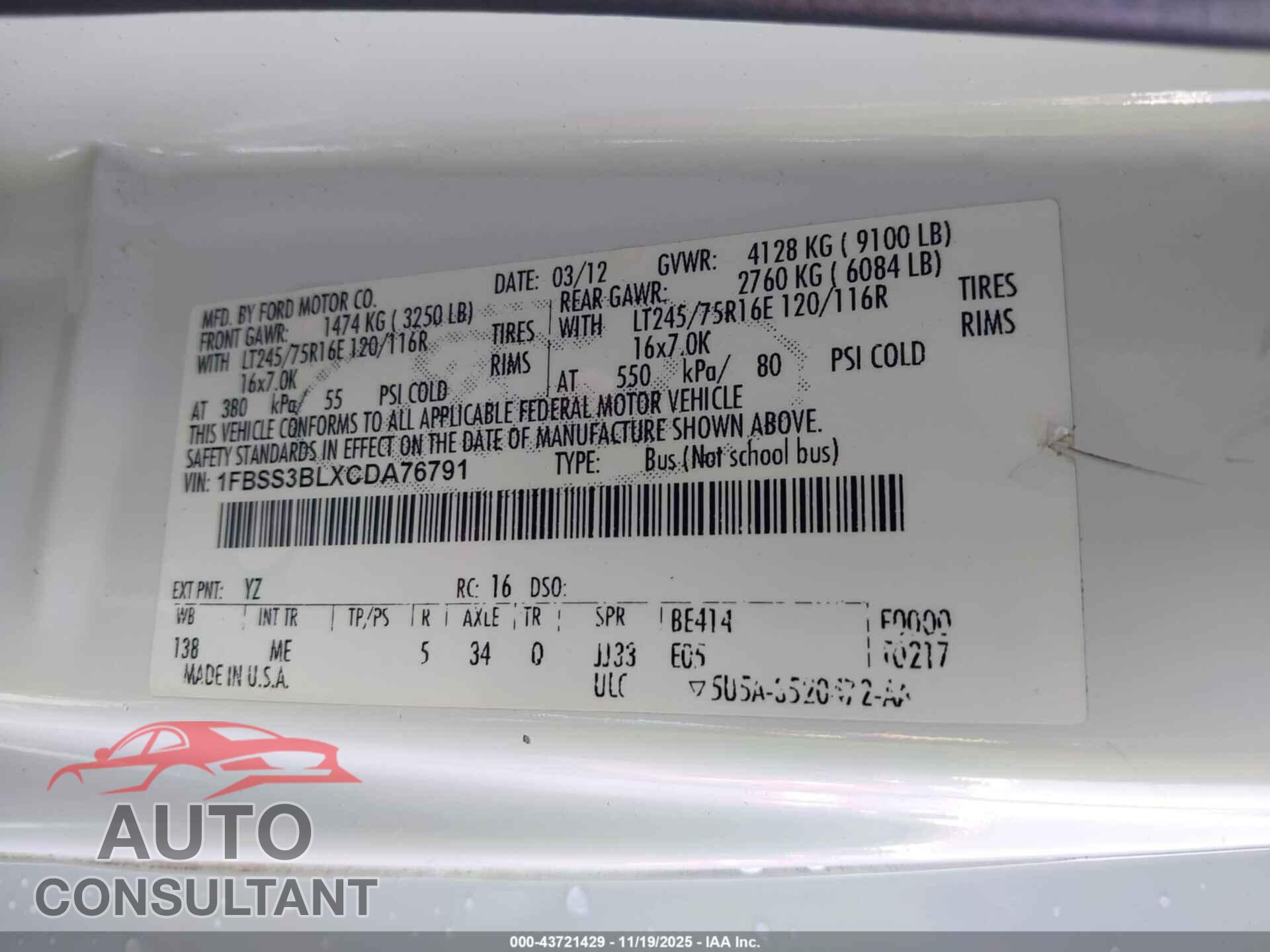 FORD E-350 SUPER DUTY 2012 - 1FBSS3BLXCDA76791