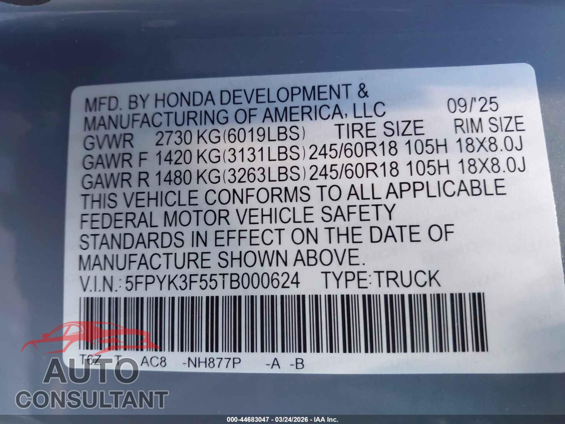 HONDA RIDGELINE 2026 - 5FPYK3F55TB000624