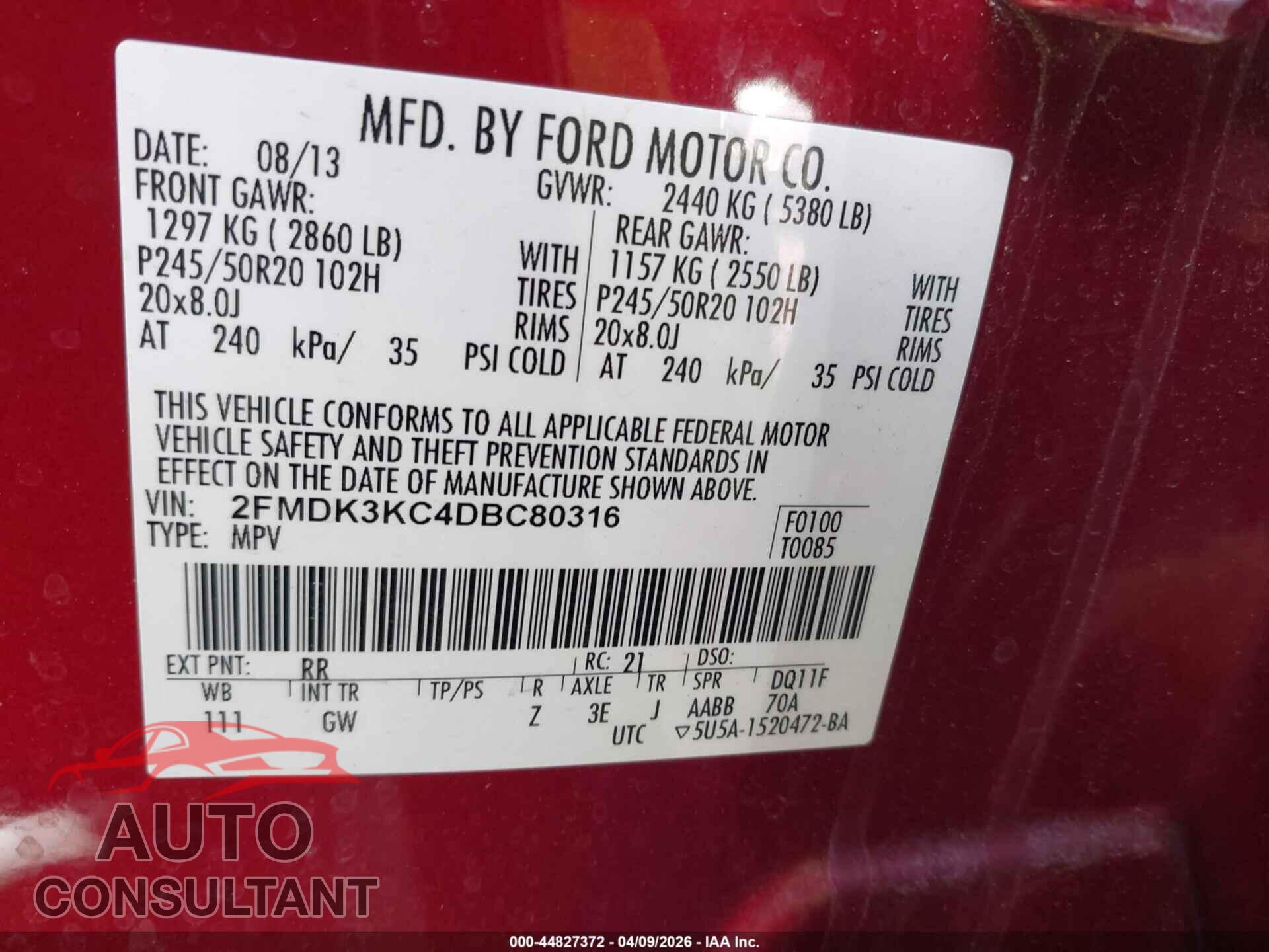 FORD EDGE 2013 - 2FMDK3KC4DBC80316