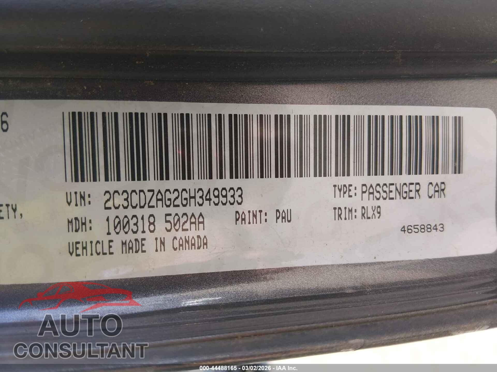 DODGE CHALLENGER 2016 - 2C3CDZAG2GH349933