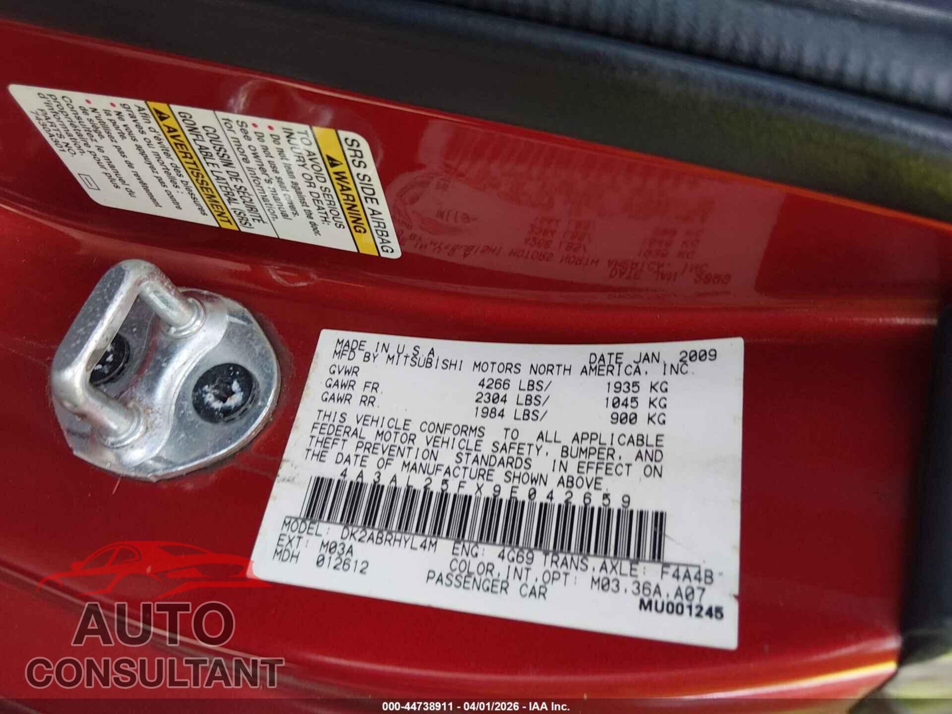 MITSUBISHI ECLIPSE SPYDER 2009 - 4A3AL25FX9E042659