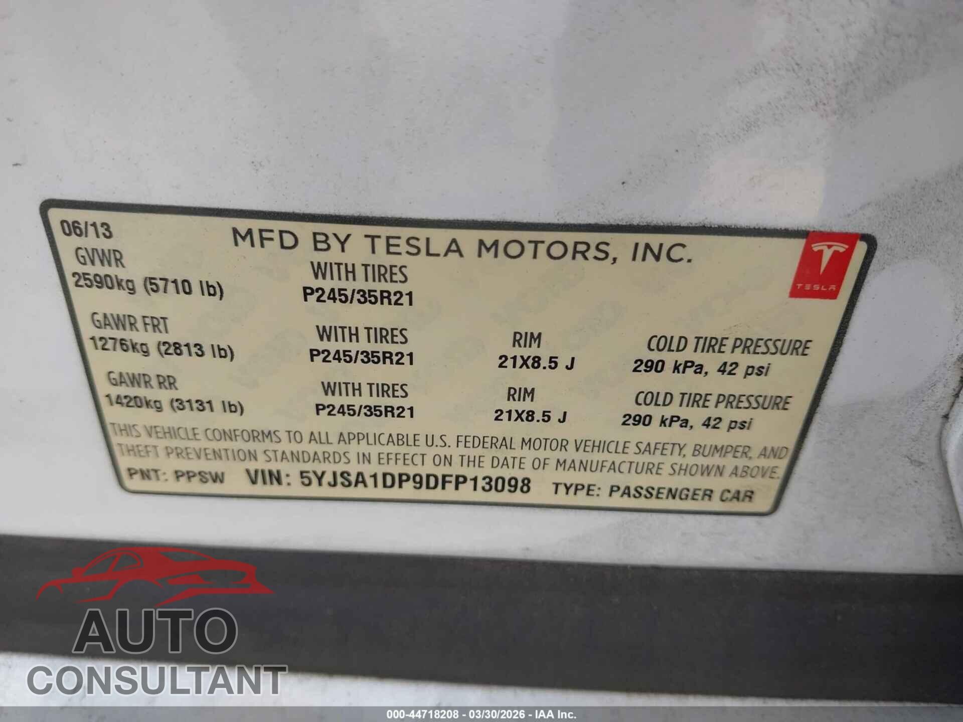 TESLA MODEL S 2013 - 5YJSA1DP9DFP13098