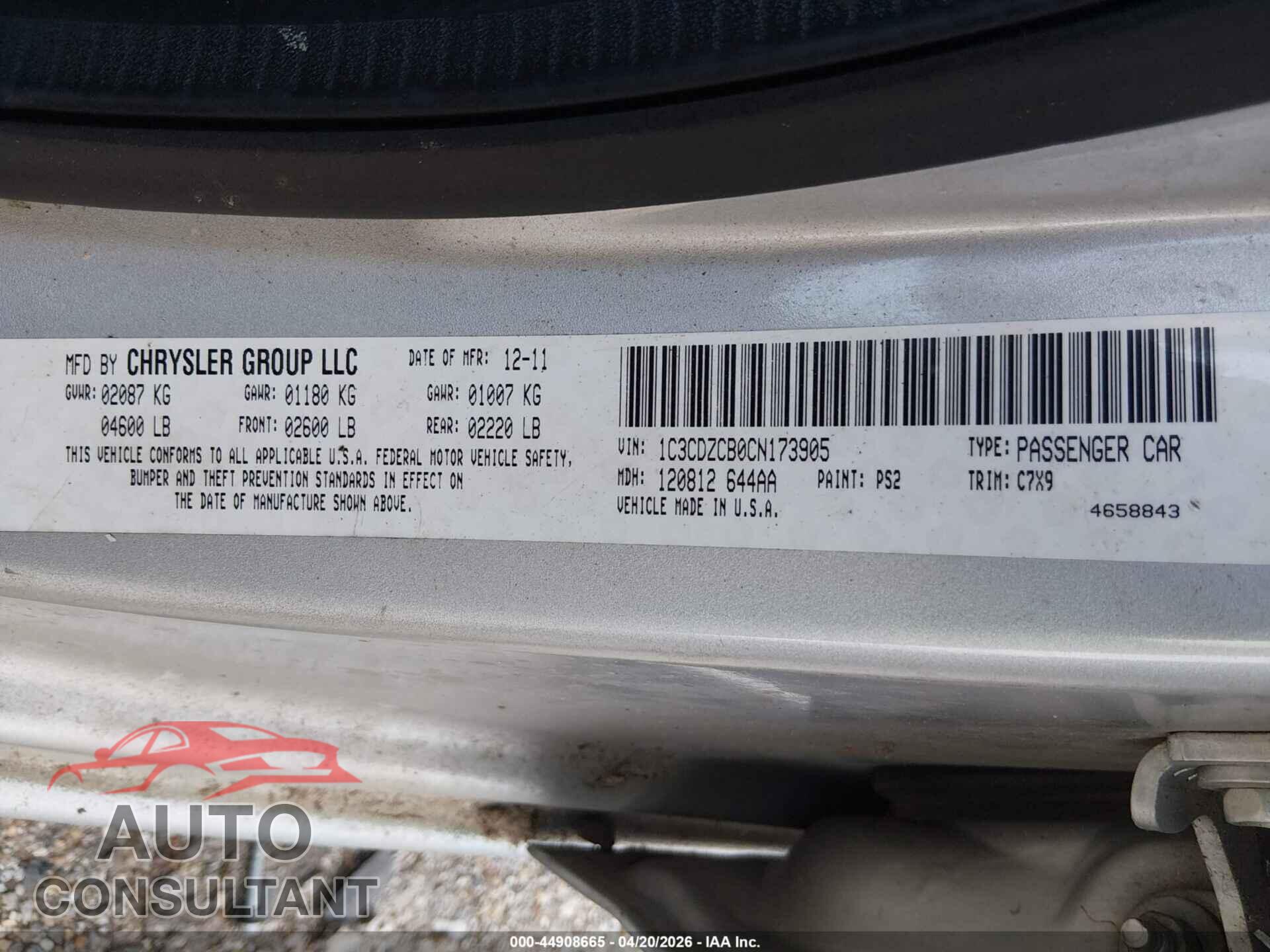 DODGE AVENGER 2012 - 1C3CDZCB0CN173905