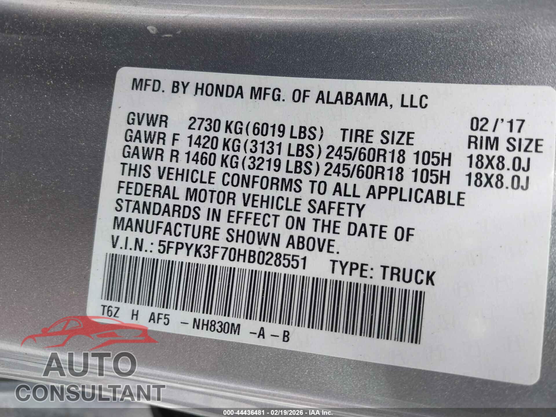 HONDA RIDGELINE 2017 - 5FPYK3F70HB028551