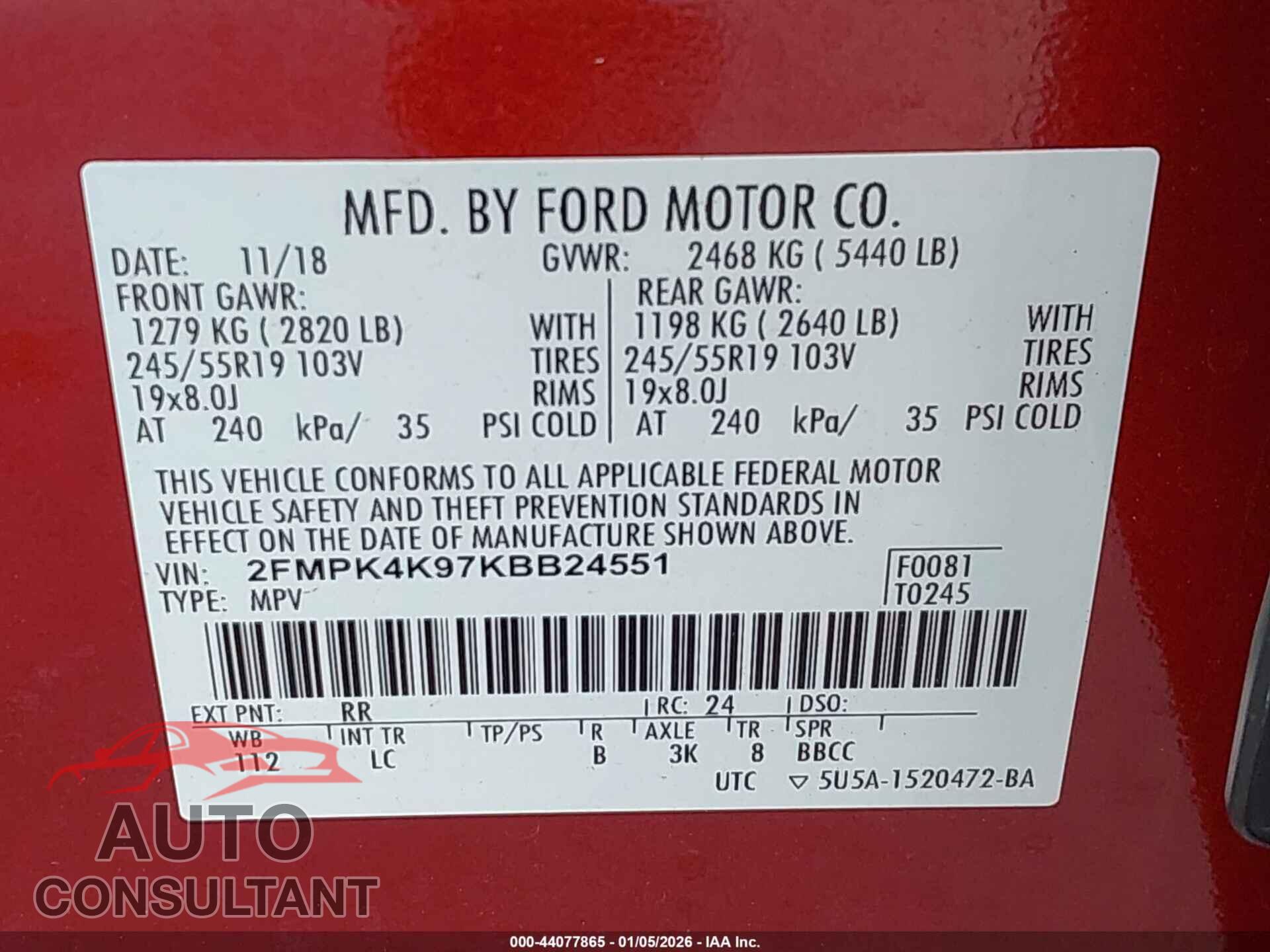 FORD EDGE 2019 - 2FMPK4K97KBB24551