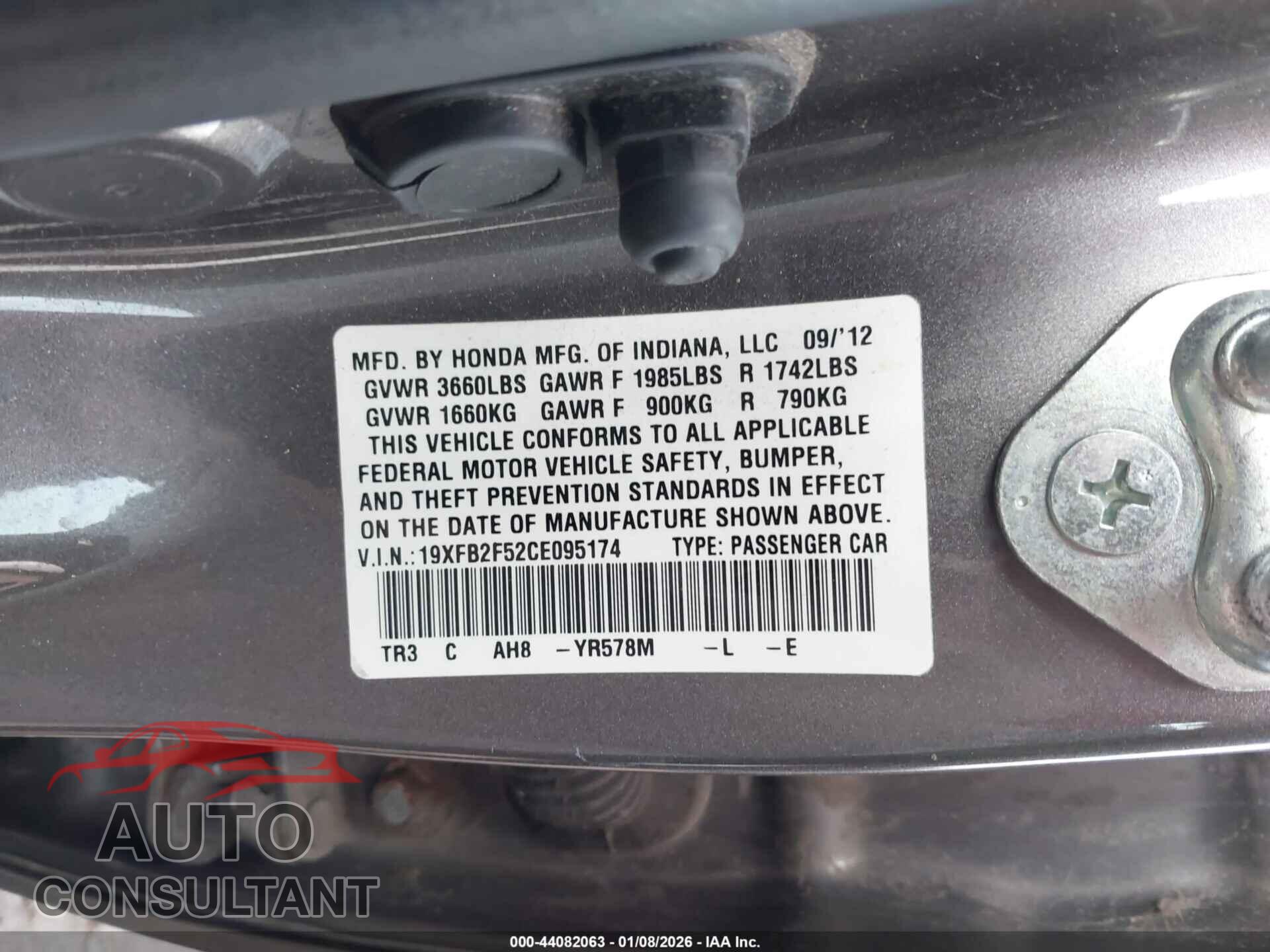 HONDA CIVIC 2012 - 19XFB2F52CE095174