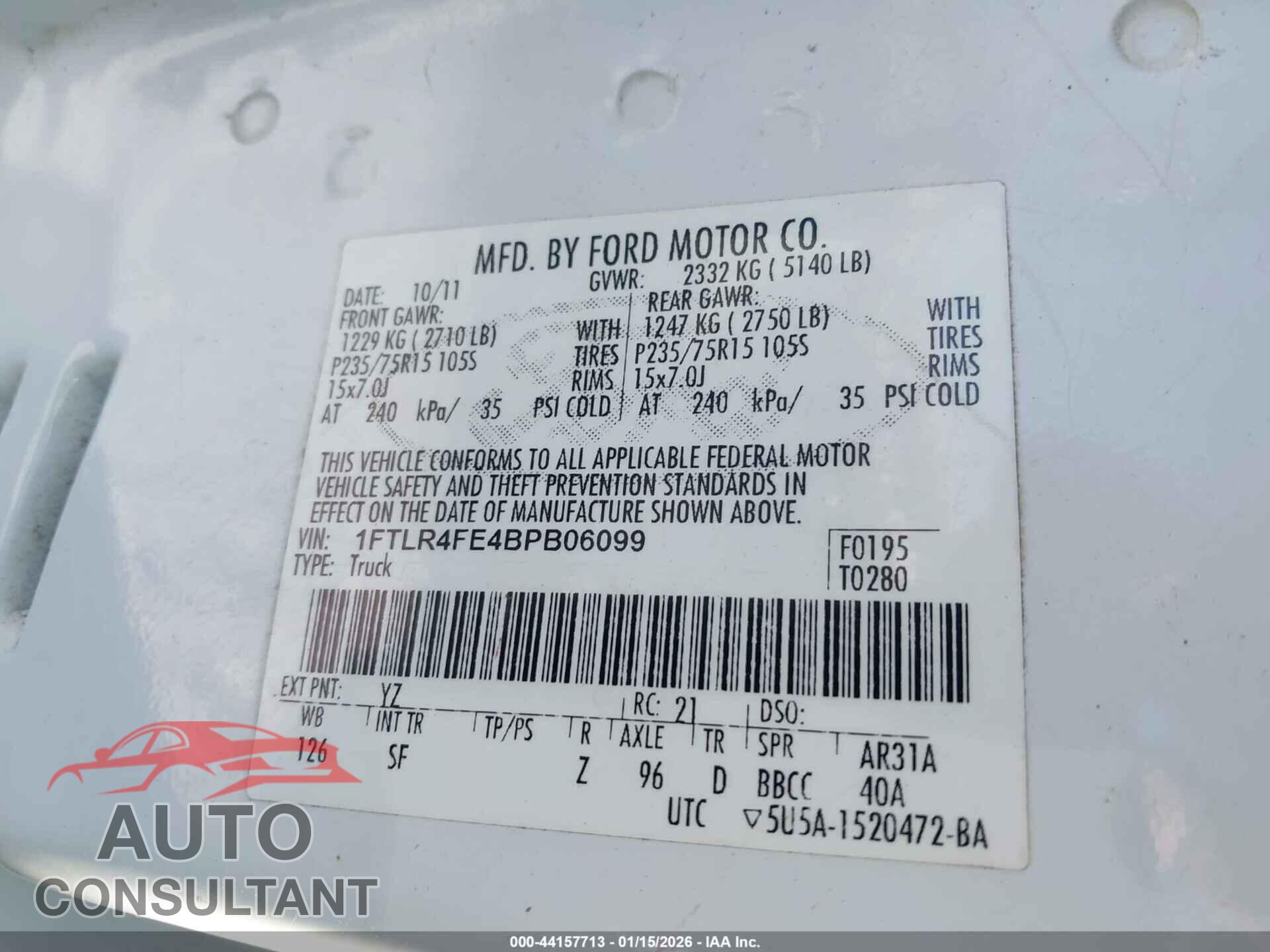FORD RANGER 2011 - 1FTLR4FE4BPB06099