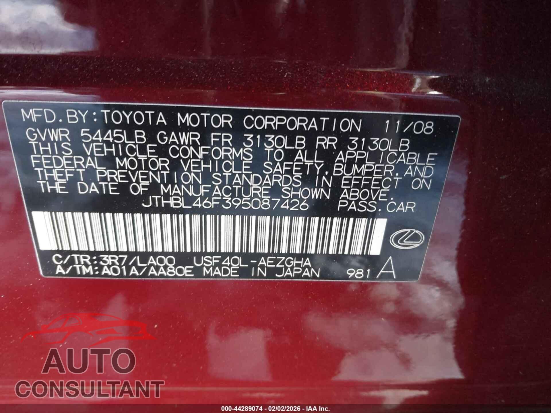 LEXUS LS 460 2009 - JTHBL46F395087426