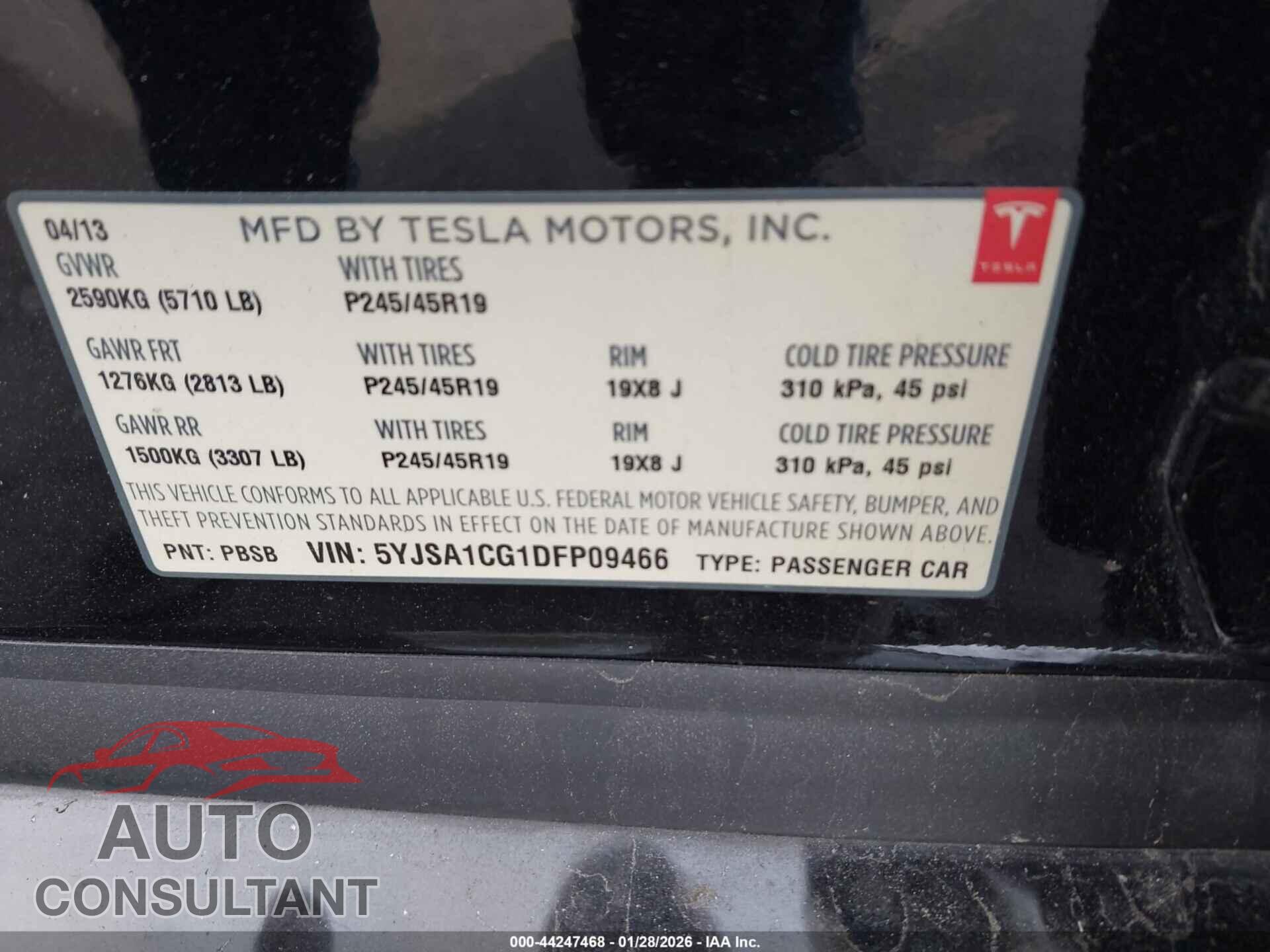 TESLA MODEL S 2013 - 5YJSA1CG1DFP09466