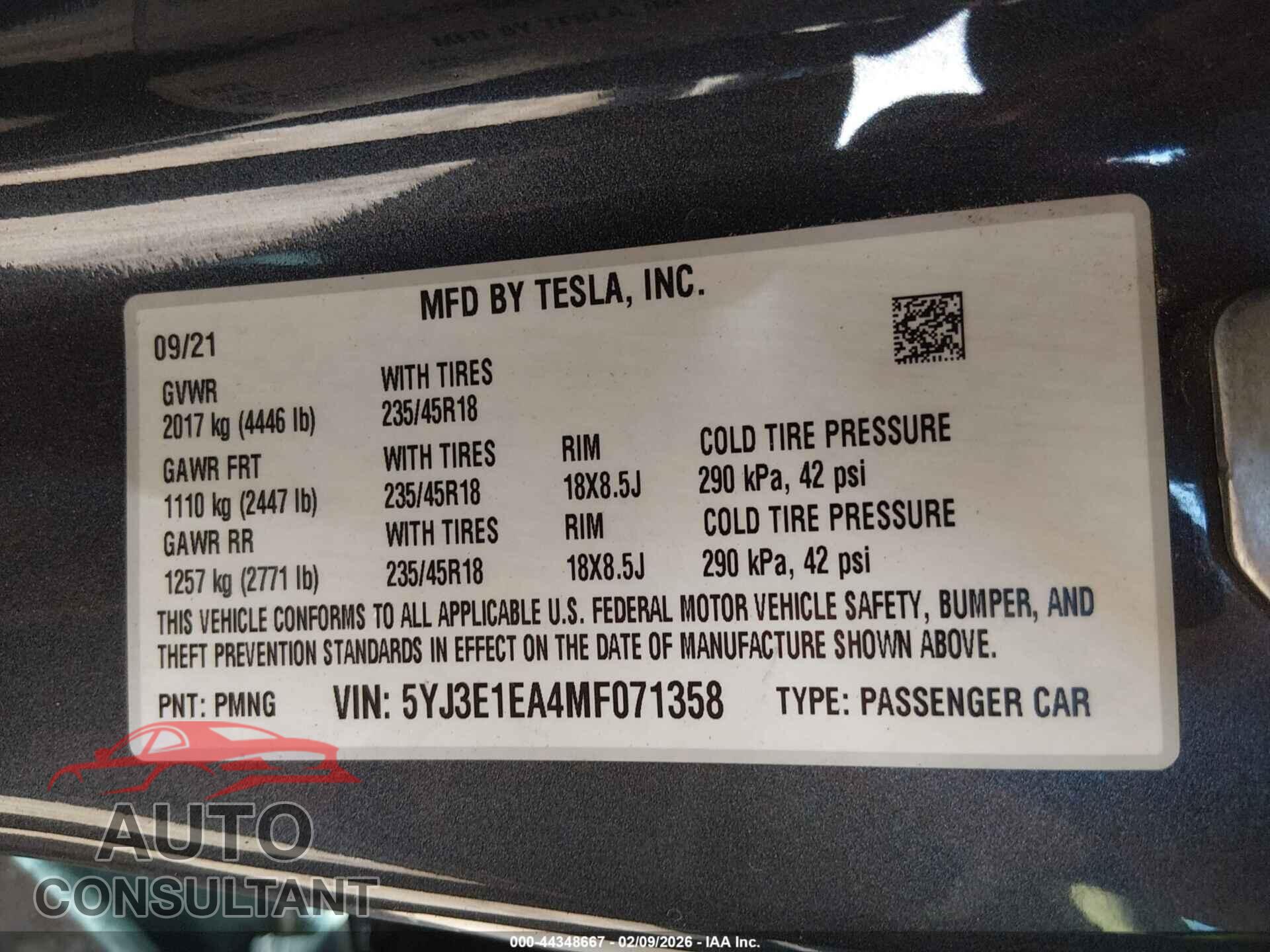 TESLA MODEL 3 2021 - 5YJ3E1EA4MF071358