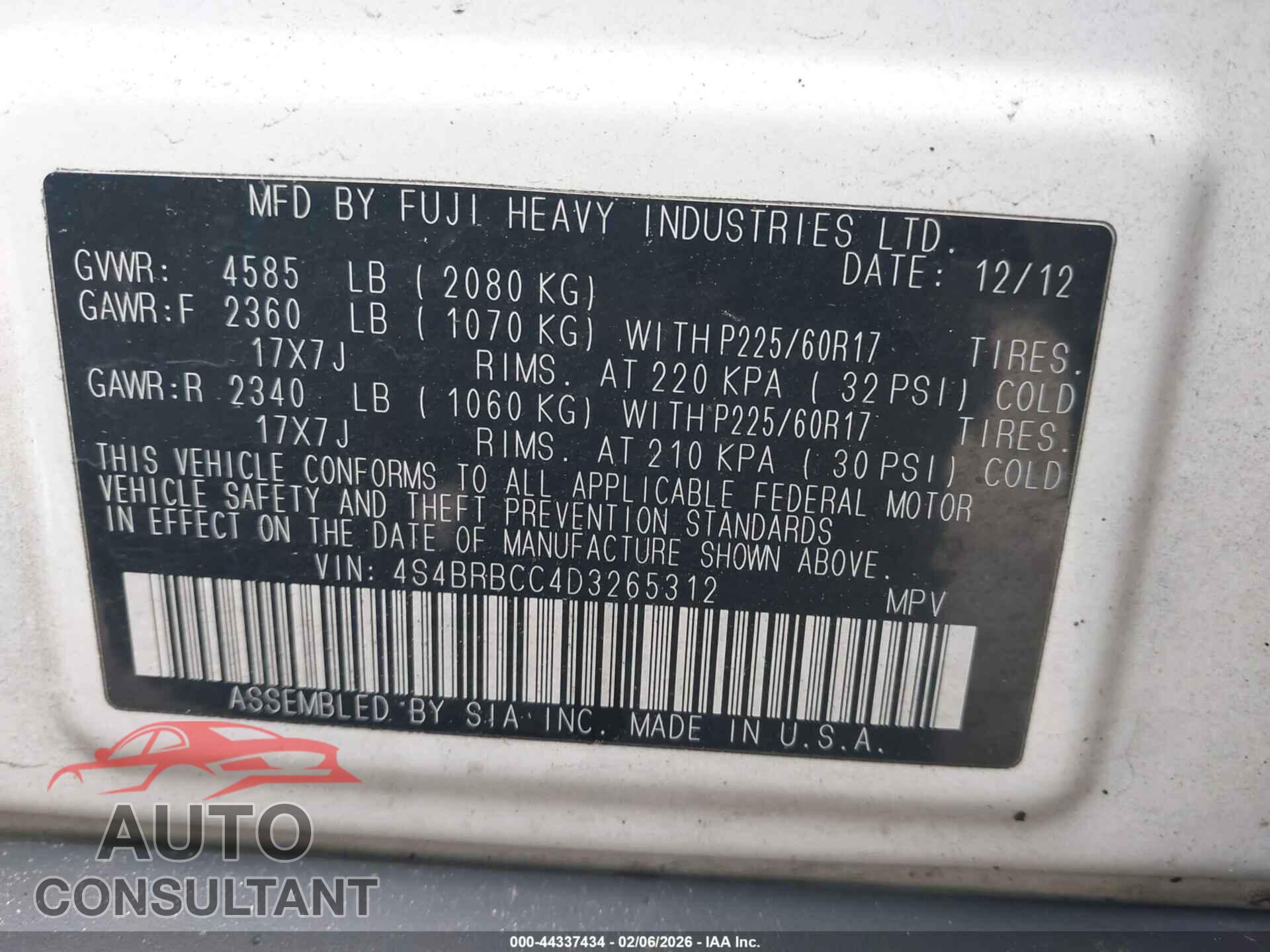 SUBARU OUTBACK 2013 - 4S4BRBCC4D3265312
