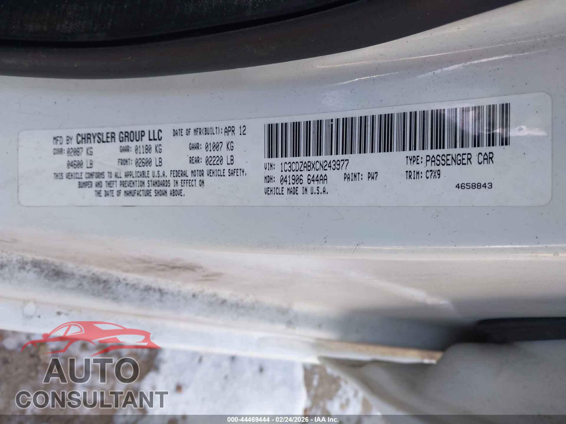 DODGE AVENGER 2012 - 1C3CDZABXCN243977