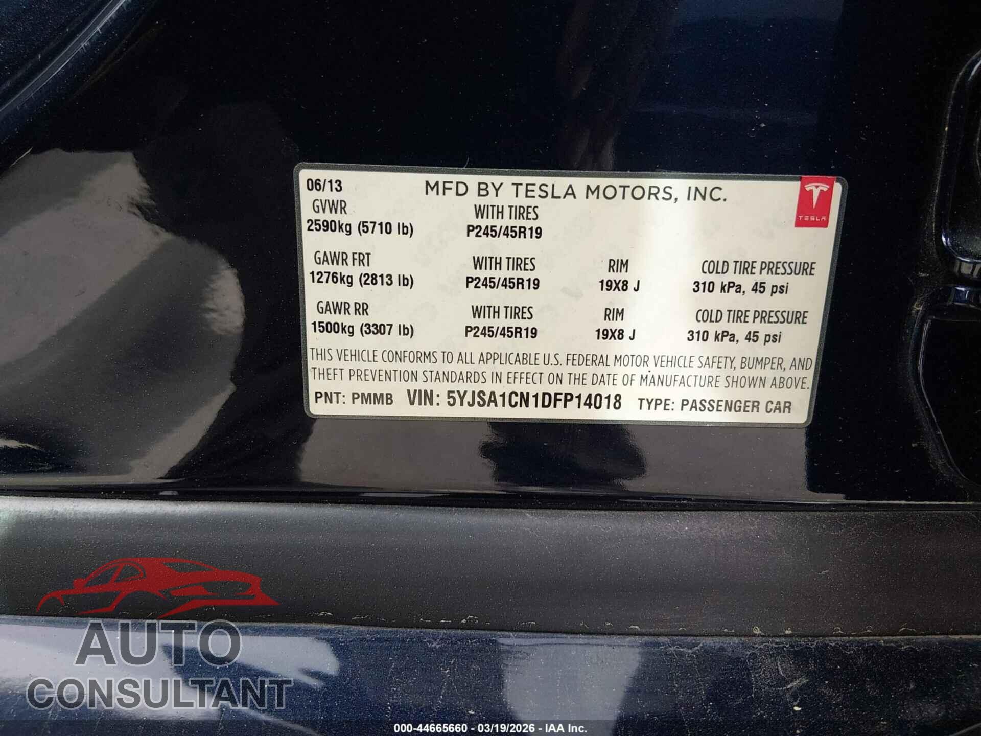 TESLA MODEL S 2013 - 5YJSA1CN1DFP14018
