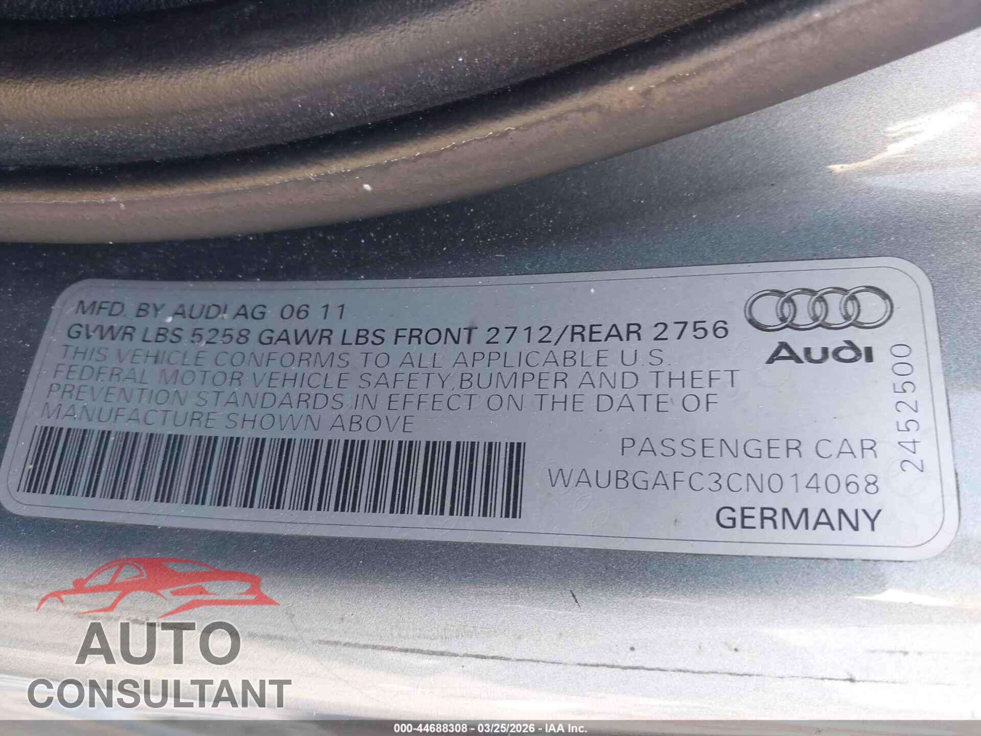 AUDI A6 2012 - WAUBGAFC3CN014068
