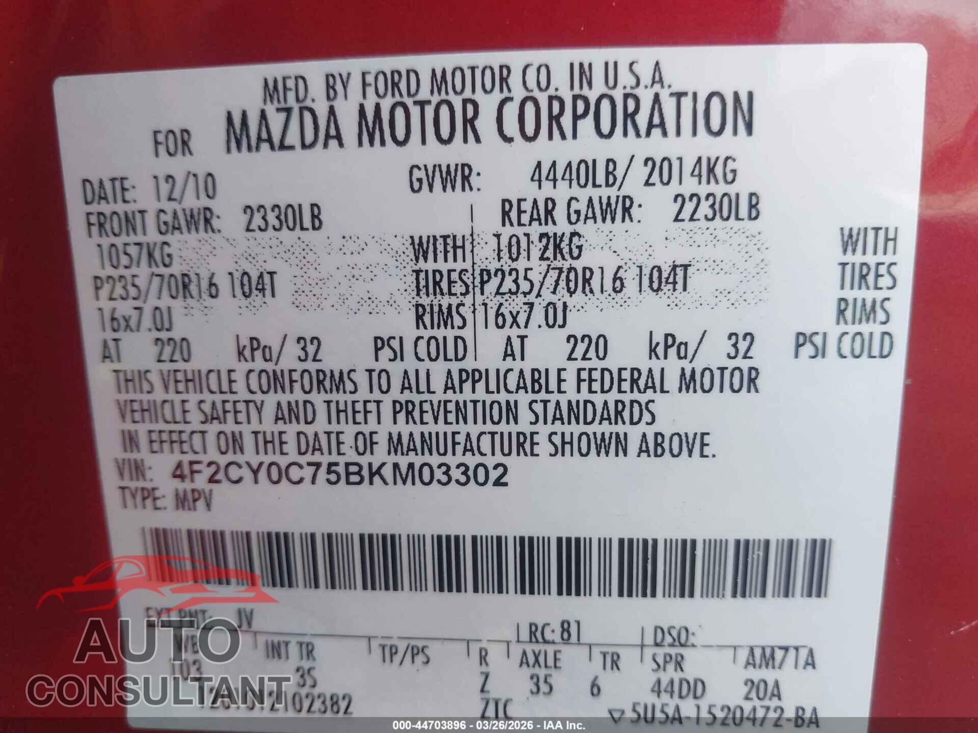 MAZDA TRIBUTE 2011 - 4F2CY0C75BKM03302