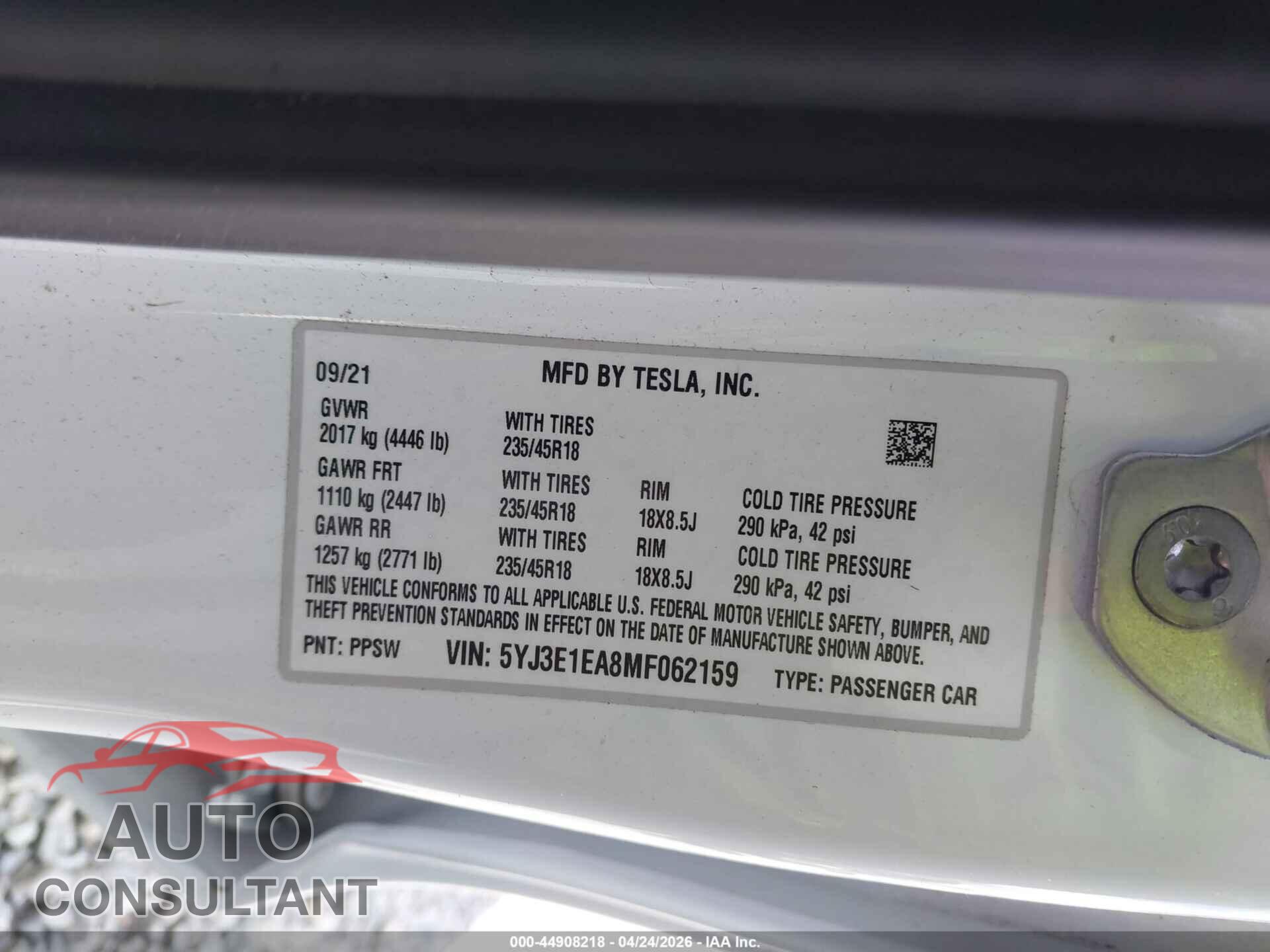 TESLA MODEL 3 2021 - 5YJ3E1EA8MF062159