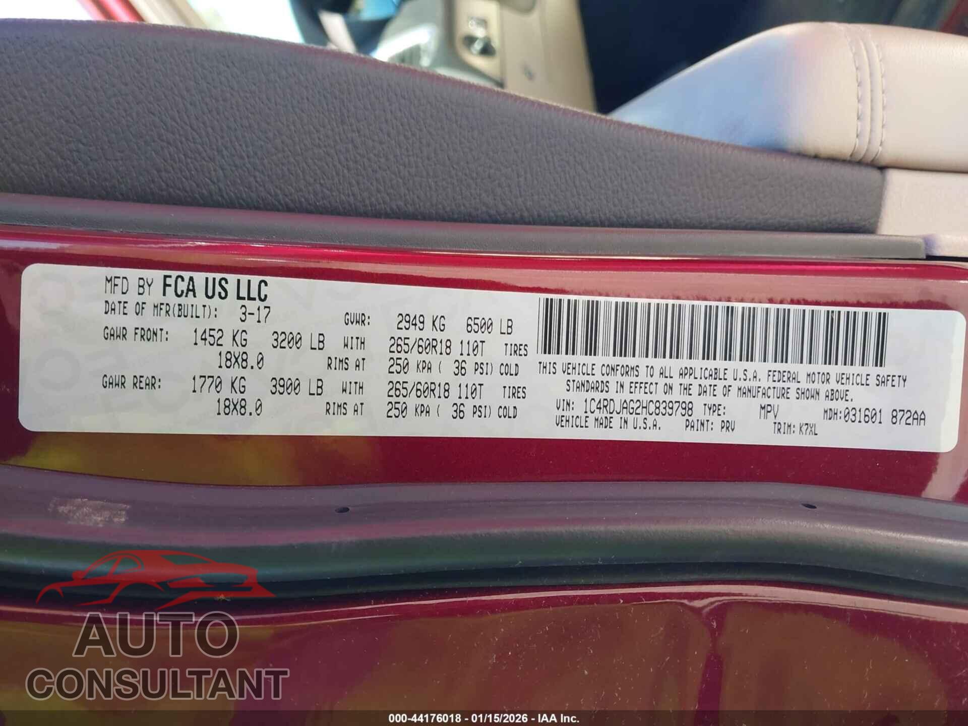 DODGE DURANGO 2017 - 1C4RDJAG2HC839798