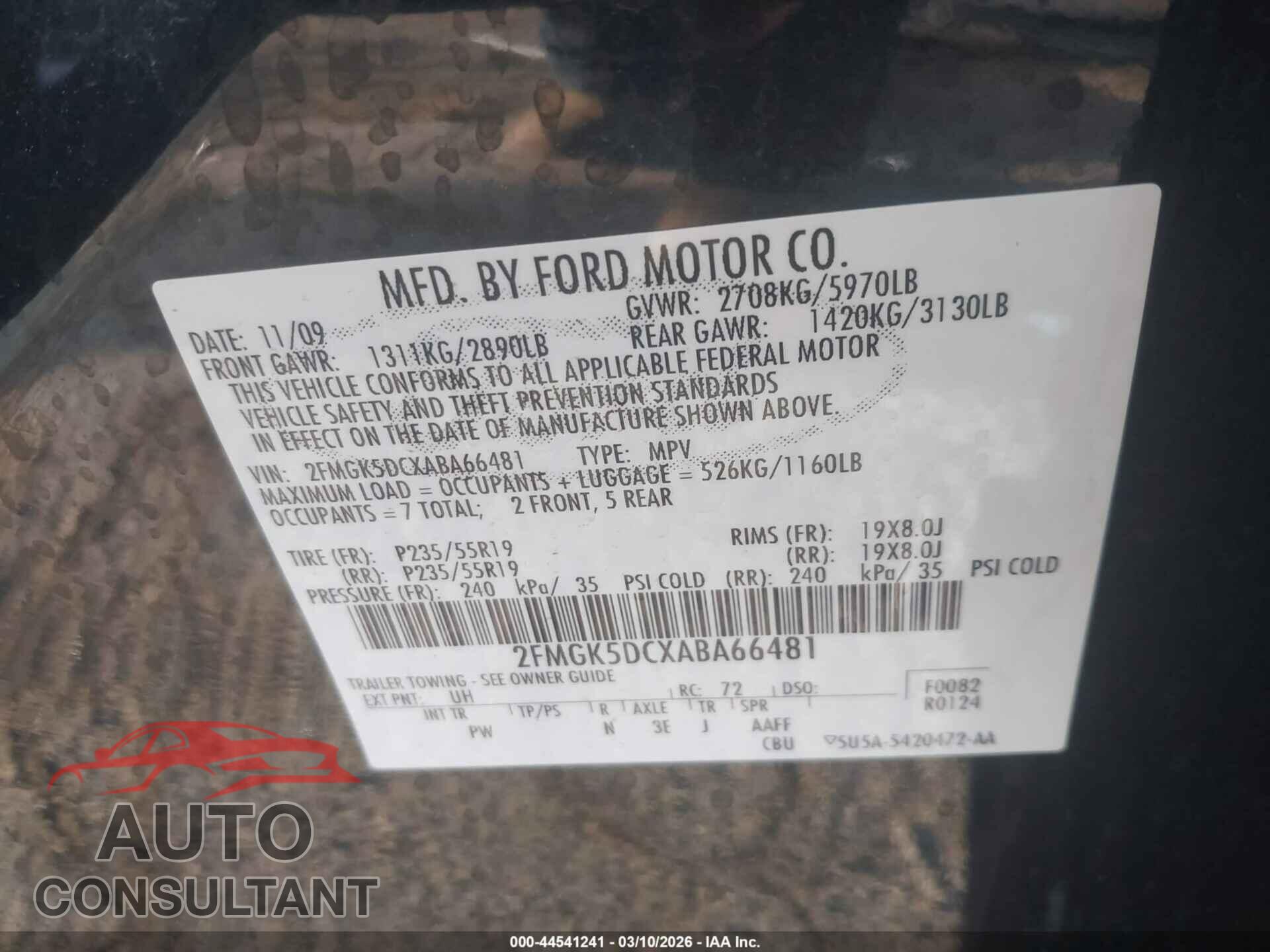 FORD FLEX 2010 - 2FMGK5DCXABA66481