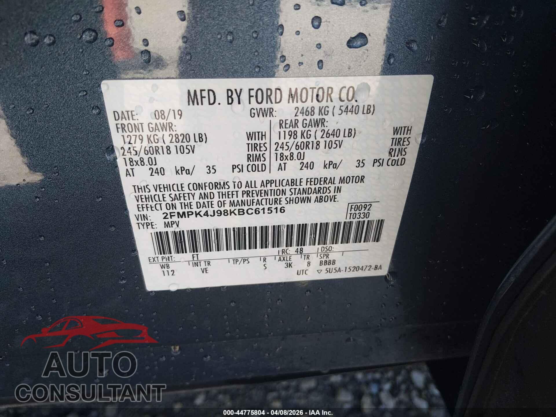 FORD EDGE 2019 - 2FMPK4J98KBC61516