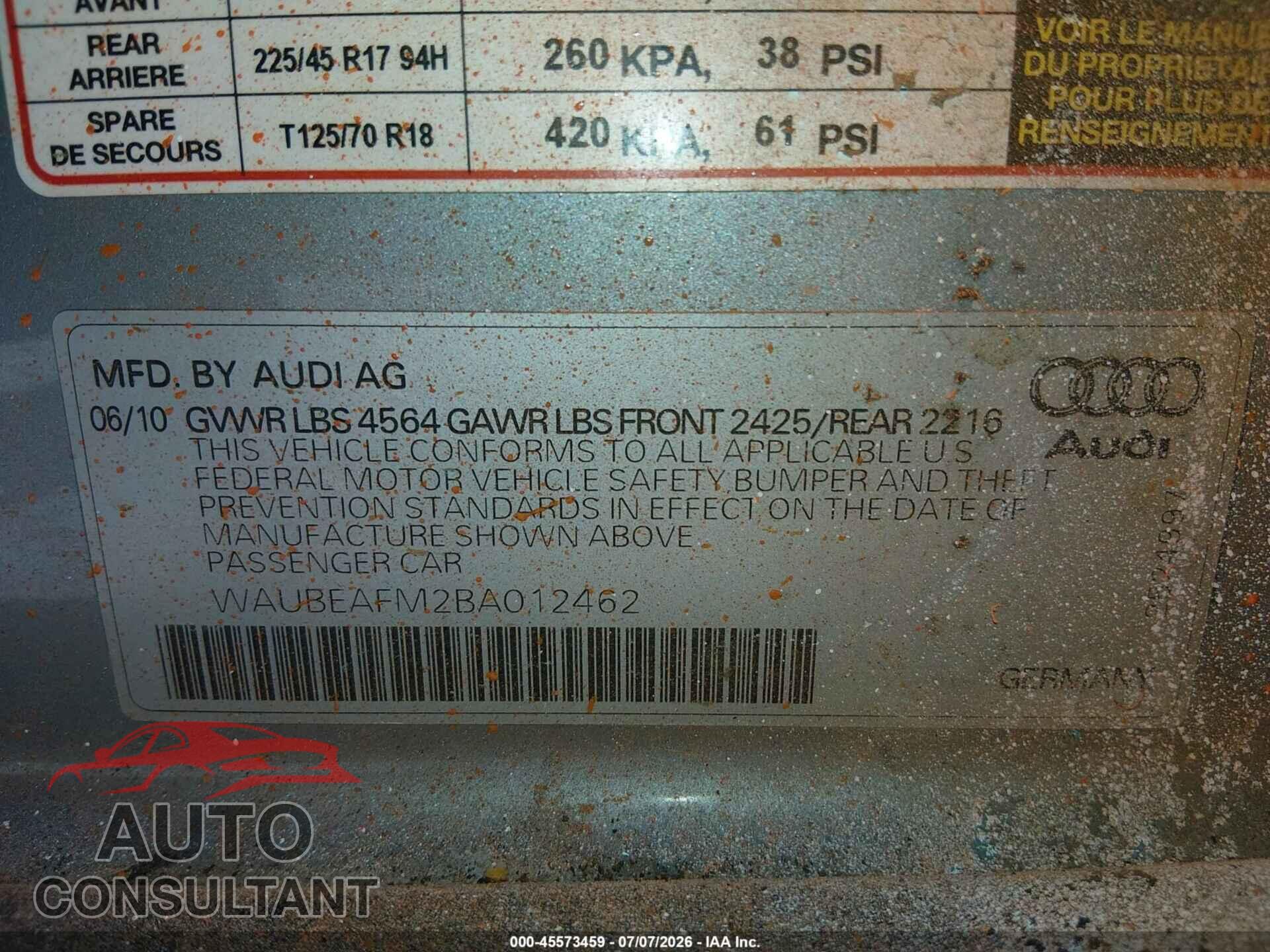 AUDI A3 2011 - WAUBEAFM2BA012462