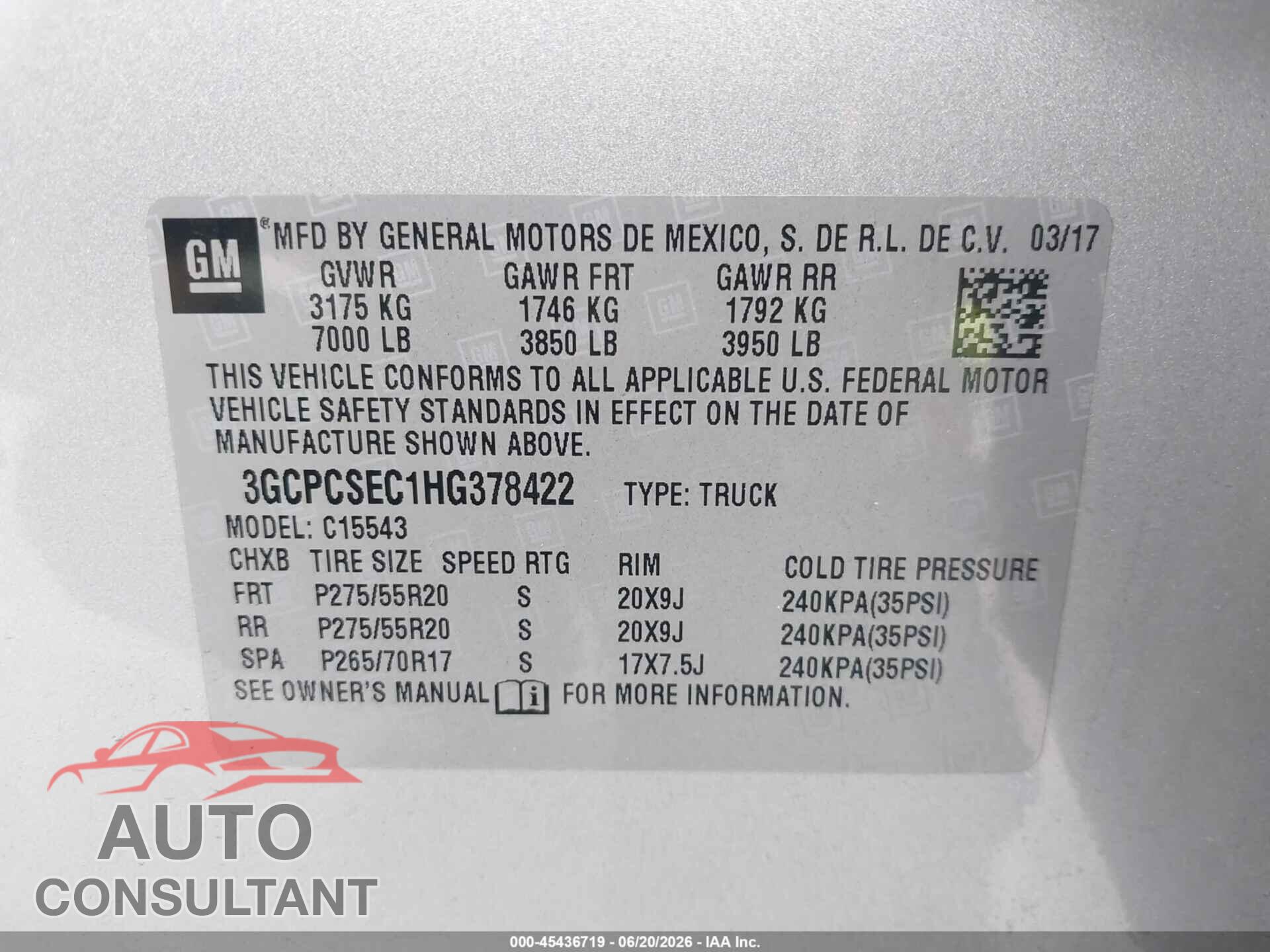 CHEVROLET SILVERADO 1500 2017 - 3GCPCSEC1HG378422