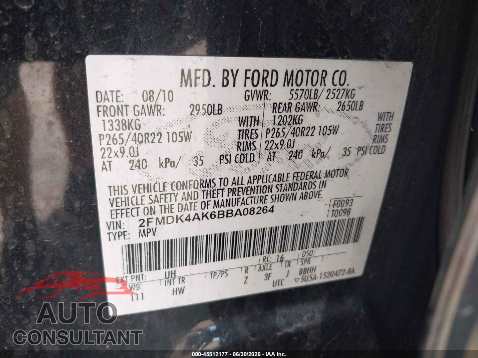 FORD EDGE 2011 - 2FMDK4AK6BBA08264