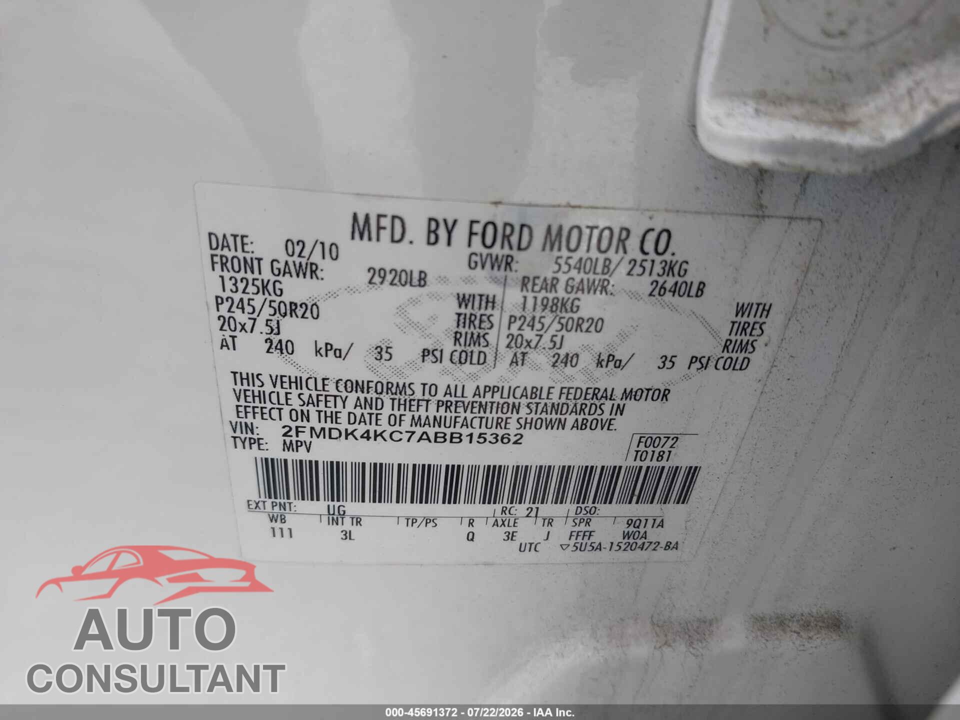 FORD EDGE 2010 - 2FMDK4KC7ABB15362