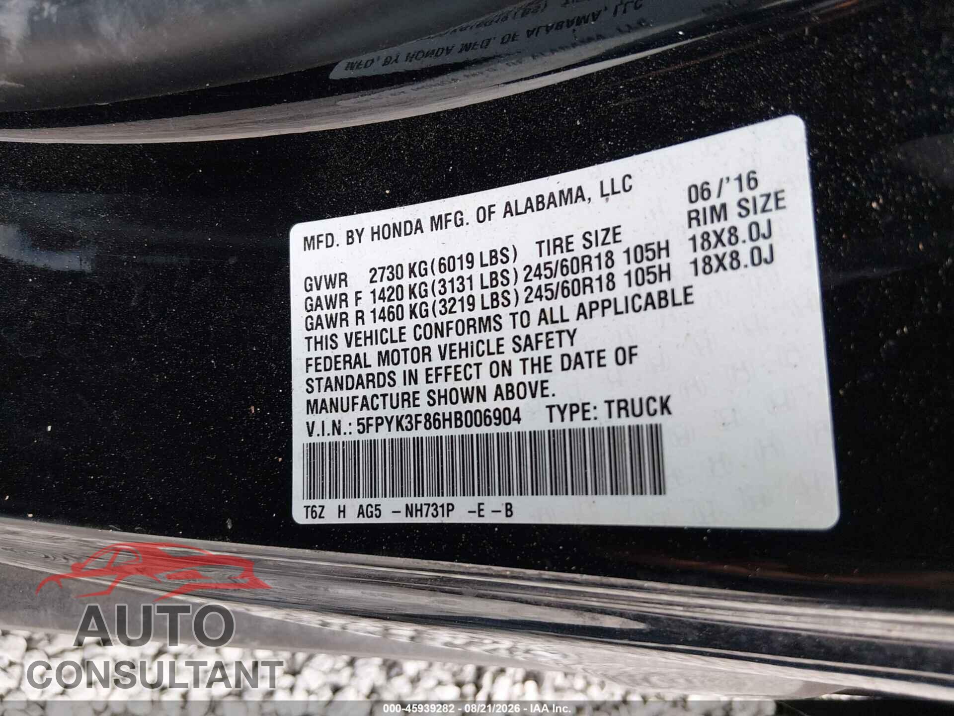 HONDA RIDGELINE 2017 - 5FPYK3F86HB006904